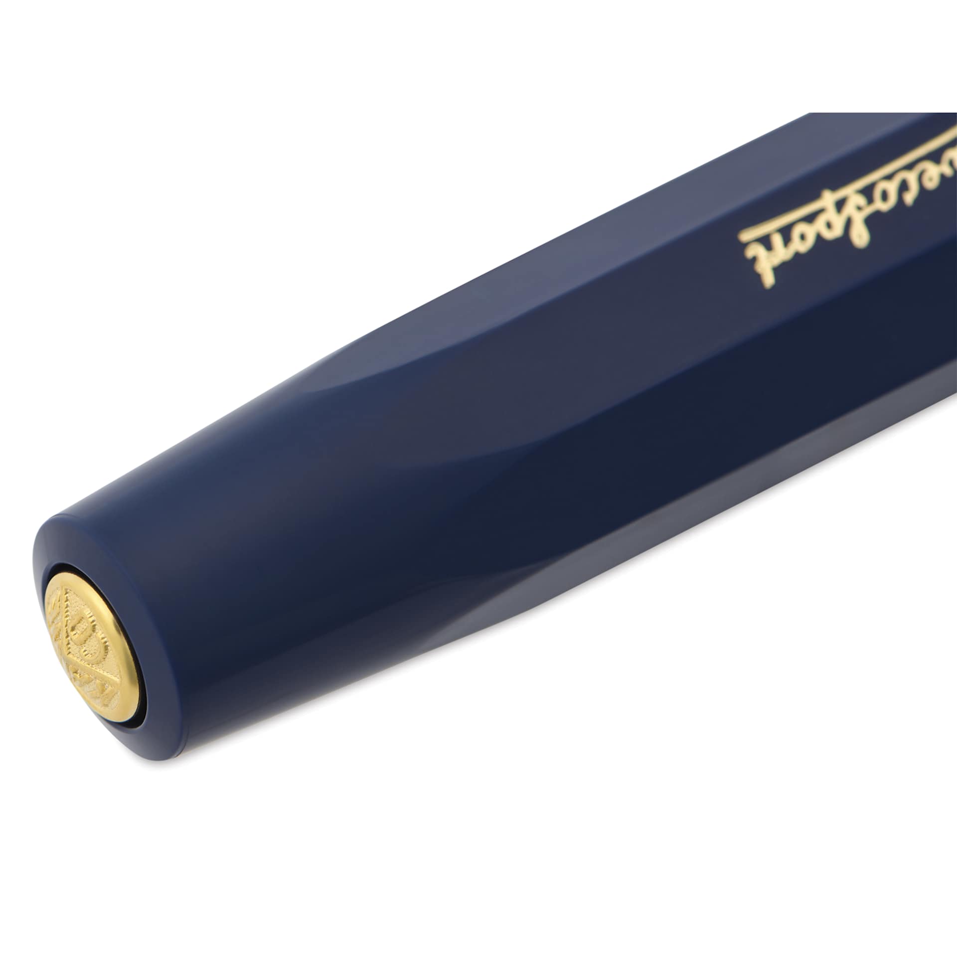 Kaweco Classic Sport Fountain Pen - Navy, Broad, close-up of the brand's seal on the cap
