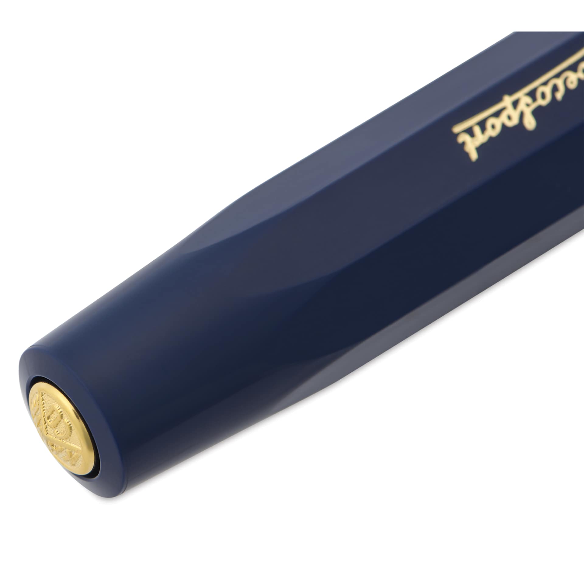 Kaweco Classic Sport Fountain Pen - Navy, Extra-Broad, close-up of the brand's seal on the cap