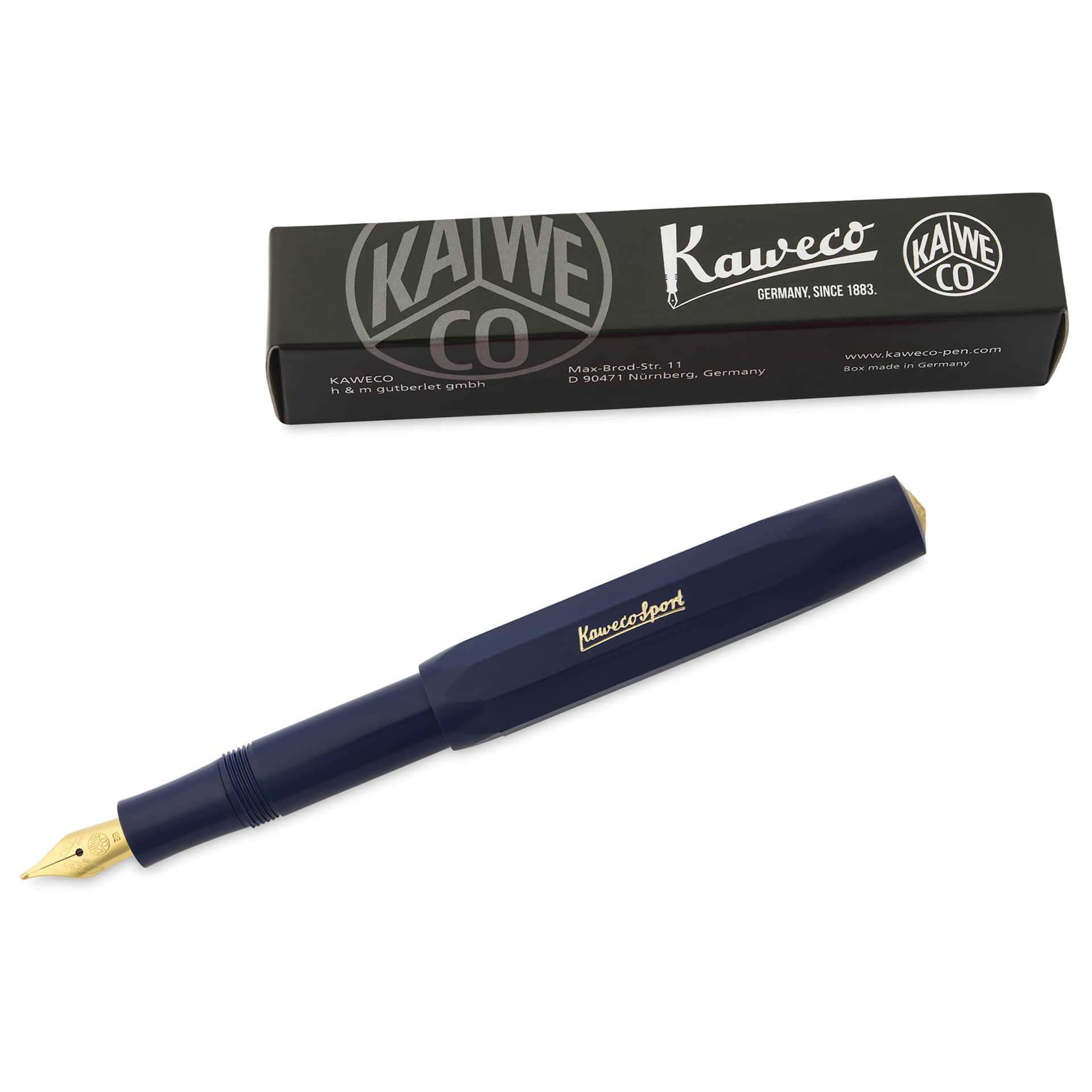 Kaweco Classic Sport Fountain Pen - Navy, Extra-Broad, pen next to the packaging