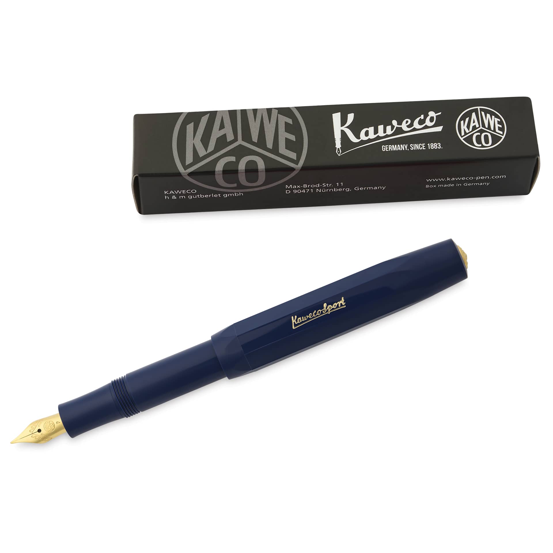 Kaweco Classic Sport Fountain Pen - Navy, Fine, pen next to the packaging