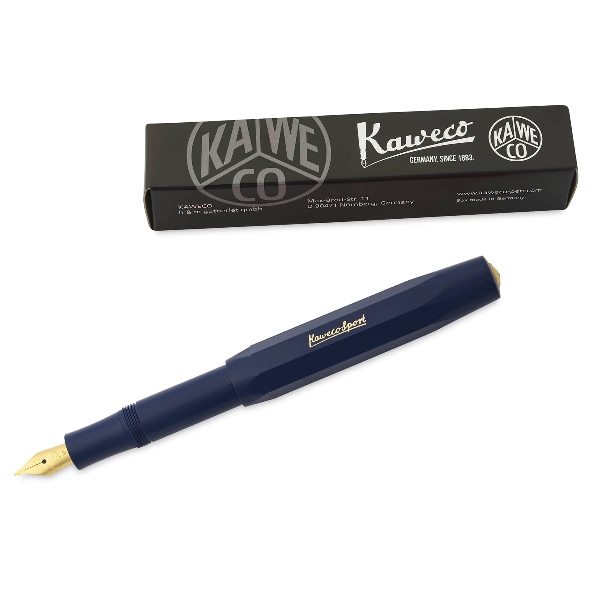 Kaweco Classic Sport Fountain Pen - Navy, Extra-Fine, pen next of the packaging