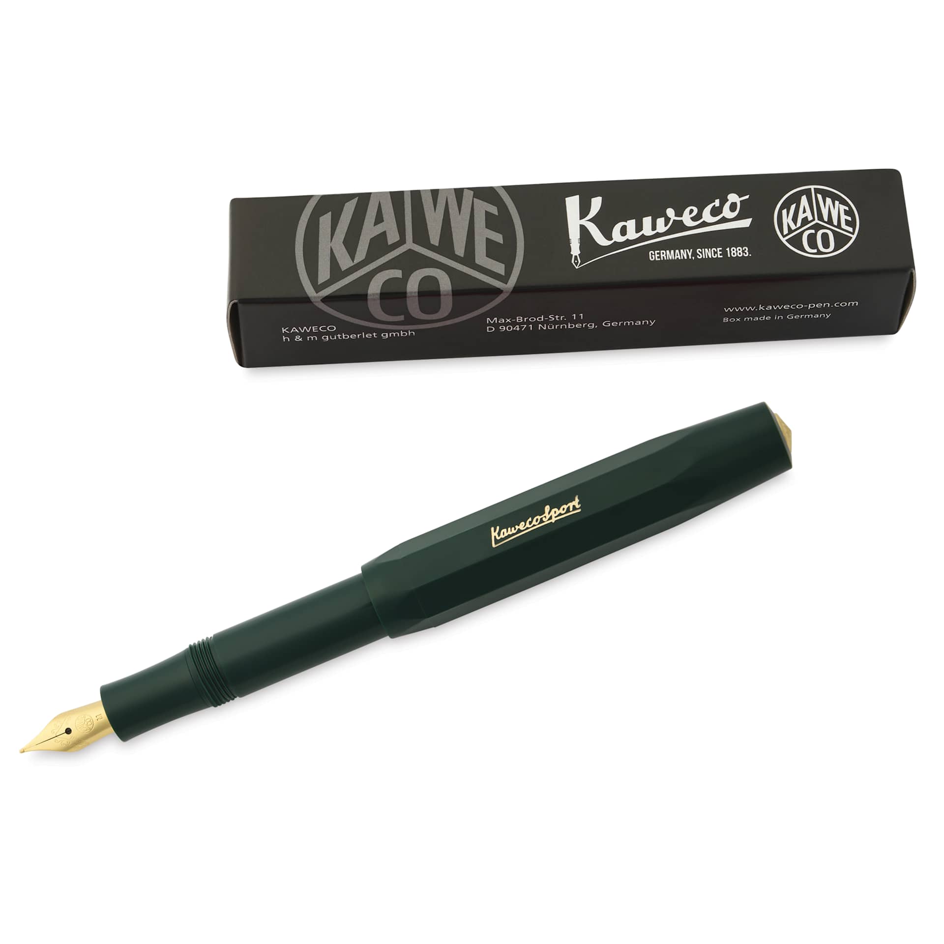 Kaweco Classic Sport Fountain Pen - Green, Medium, pen next to the packaging