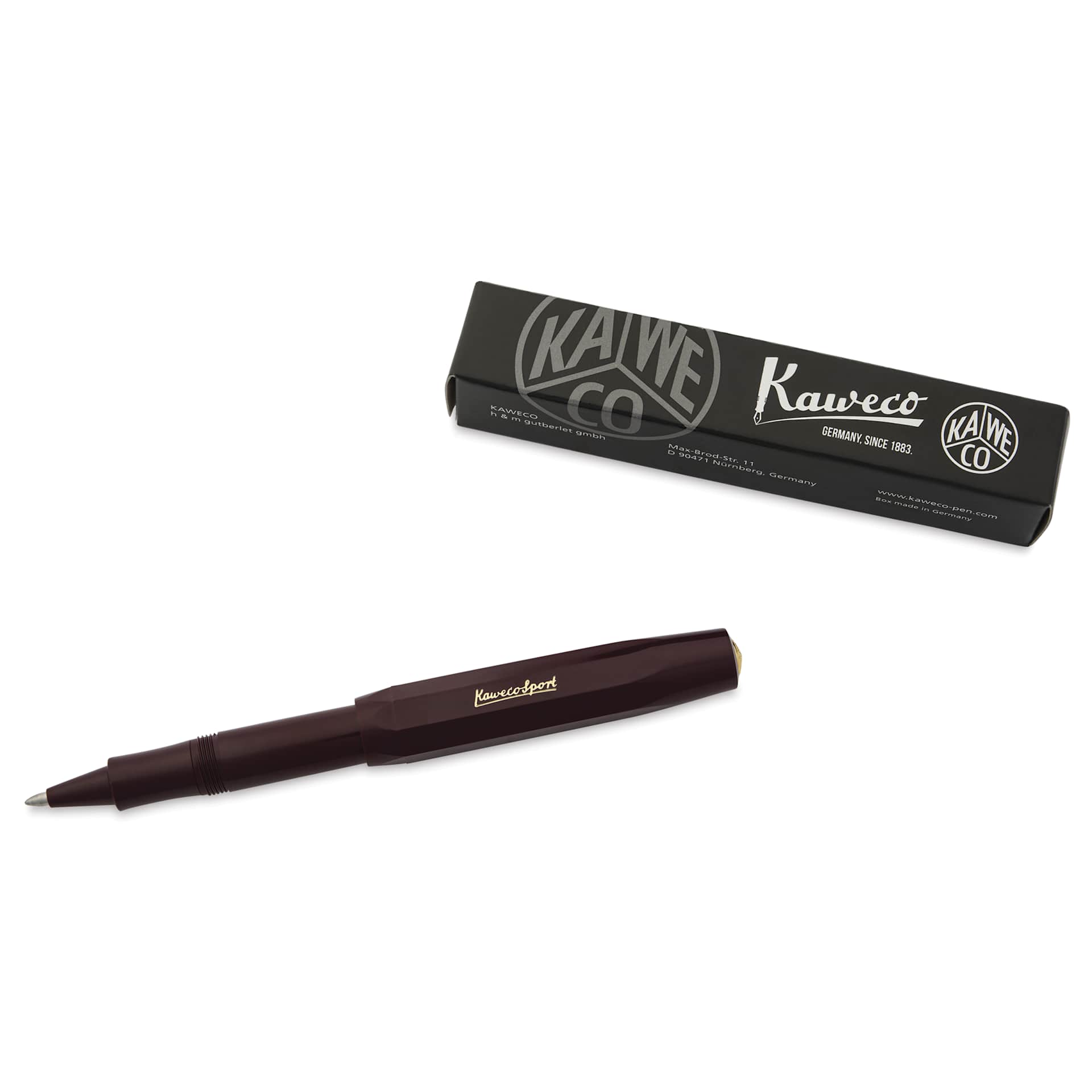 Kaweco Classic Sport Rollerball Pen - Bordeaux, pen next to the packaging