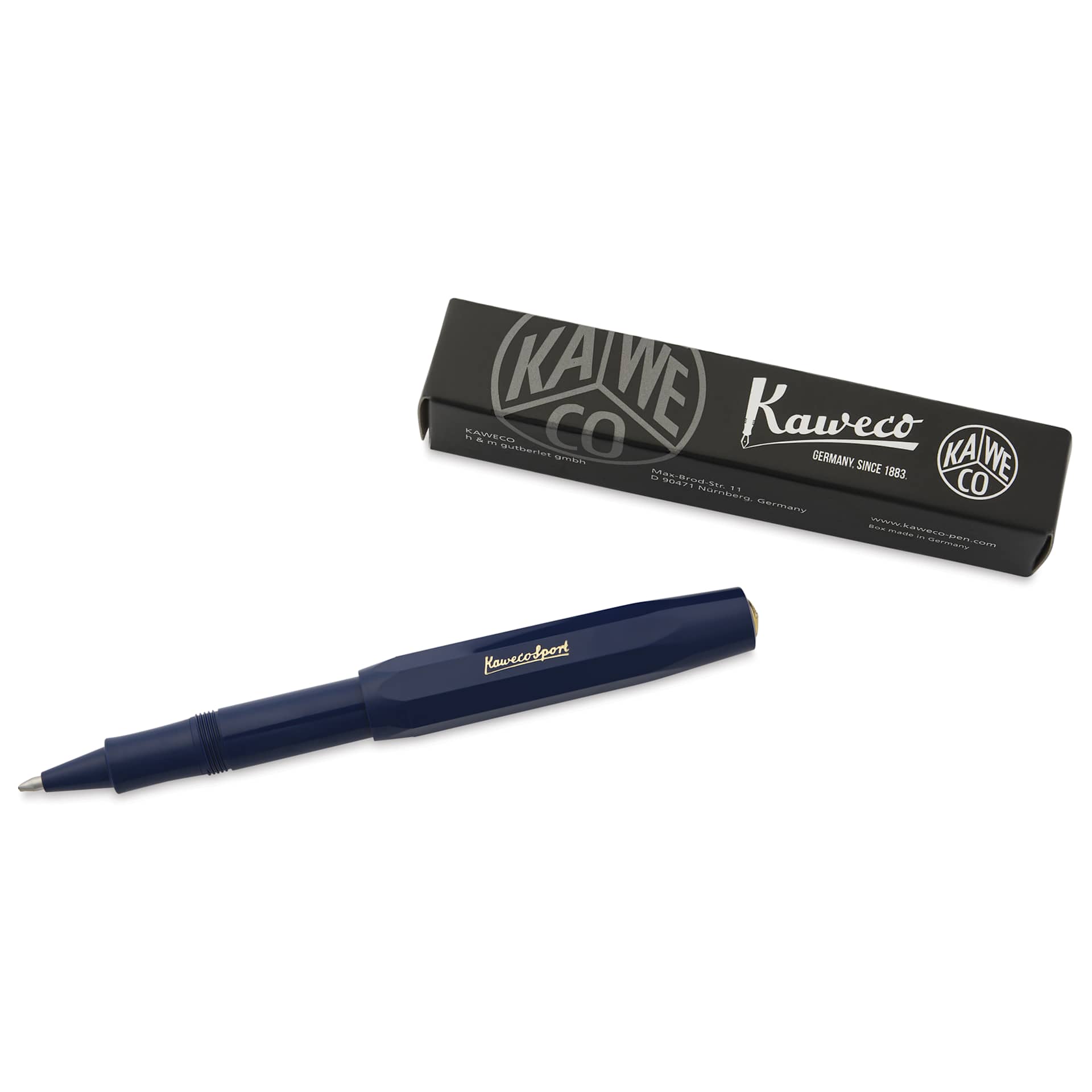 Kaweco Classic Sport Rollerball Pen - Navy, pen next to the packaging