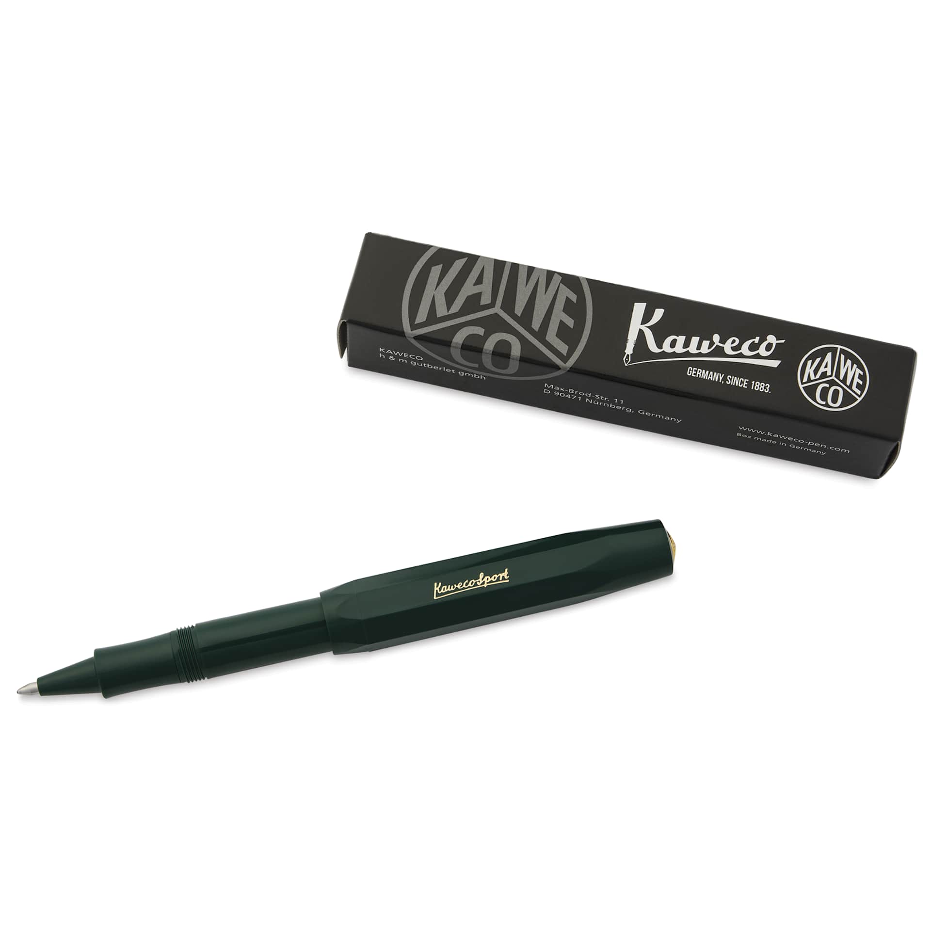 Kaweco Classic Sport Rollerball Pen - Green, pen next to the packaging