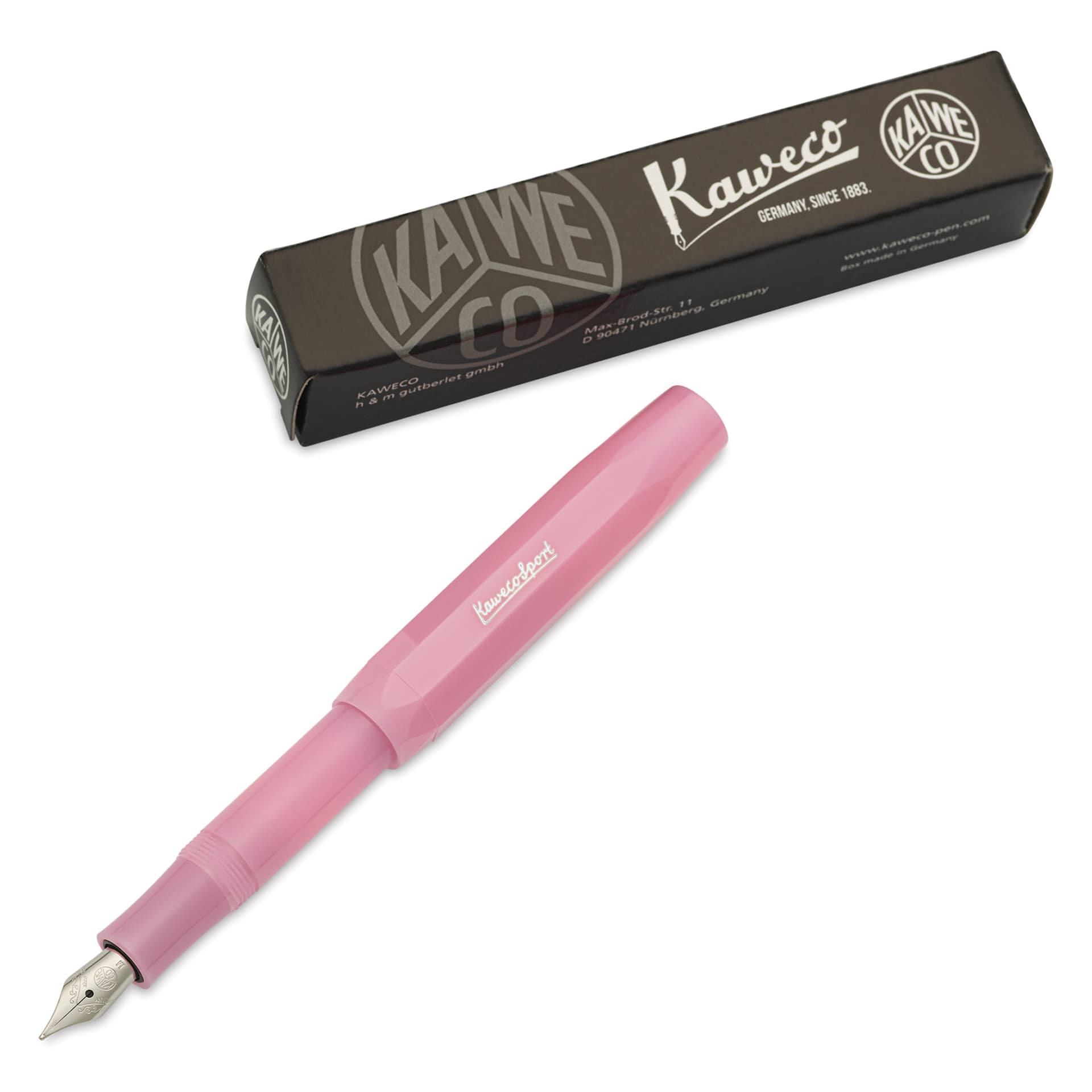 Kaweco Frosted Sport Fountain Pen - Blush Pitaya, Medium, pen next to packaging