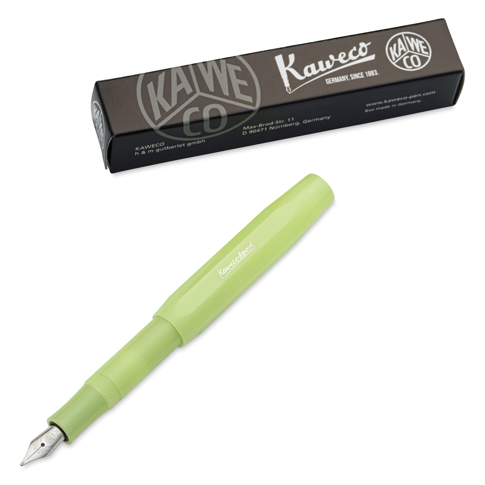 Kaweco Frosted Sport Fountain Pen - Fine Lime, Medium, pen next to packaging