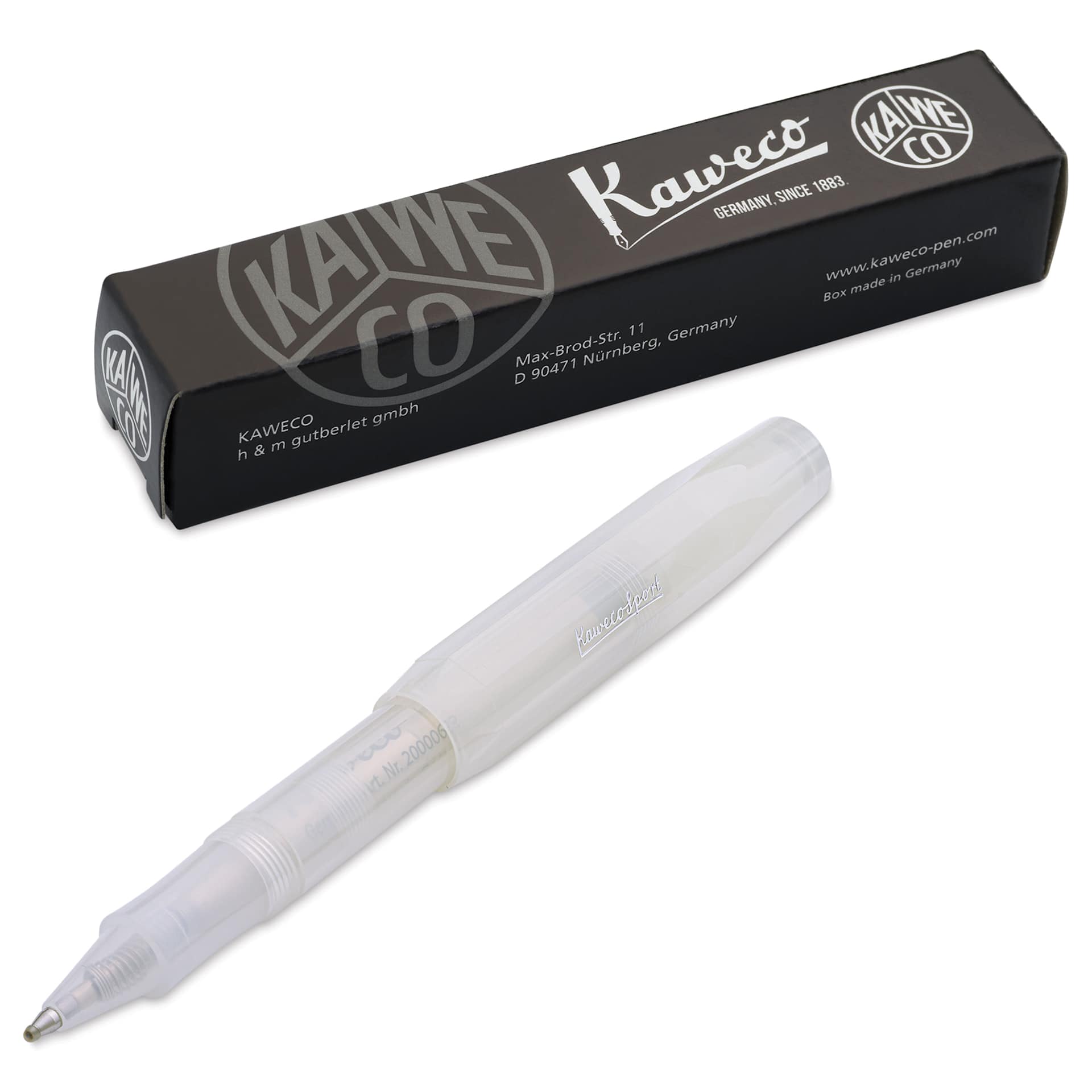 Kaweco Frosted Sport Rollall Pen - Coconut, pen next to packaging