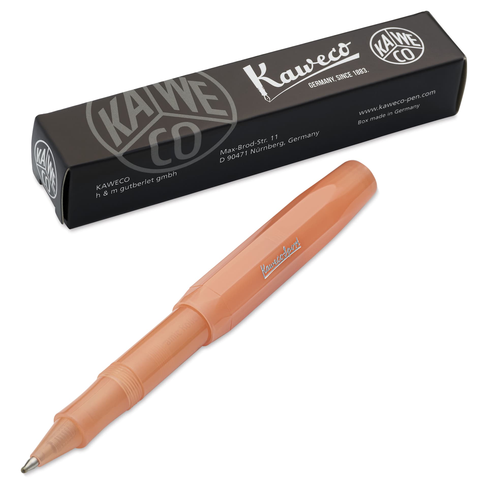 Kaweco Frosted Sport Rollall Pen - Soft Mandarin, pen next to the packaging