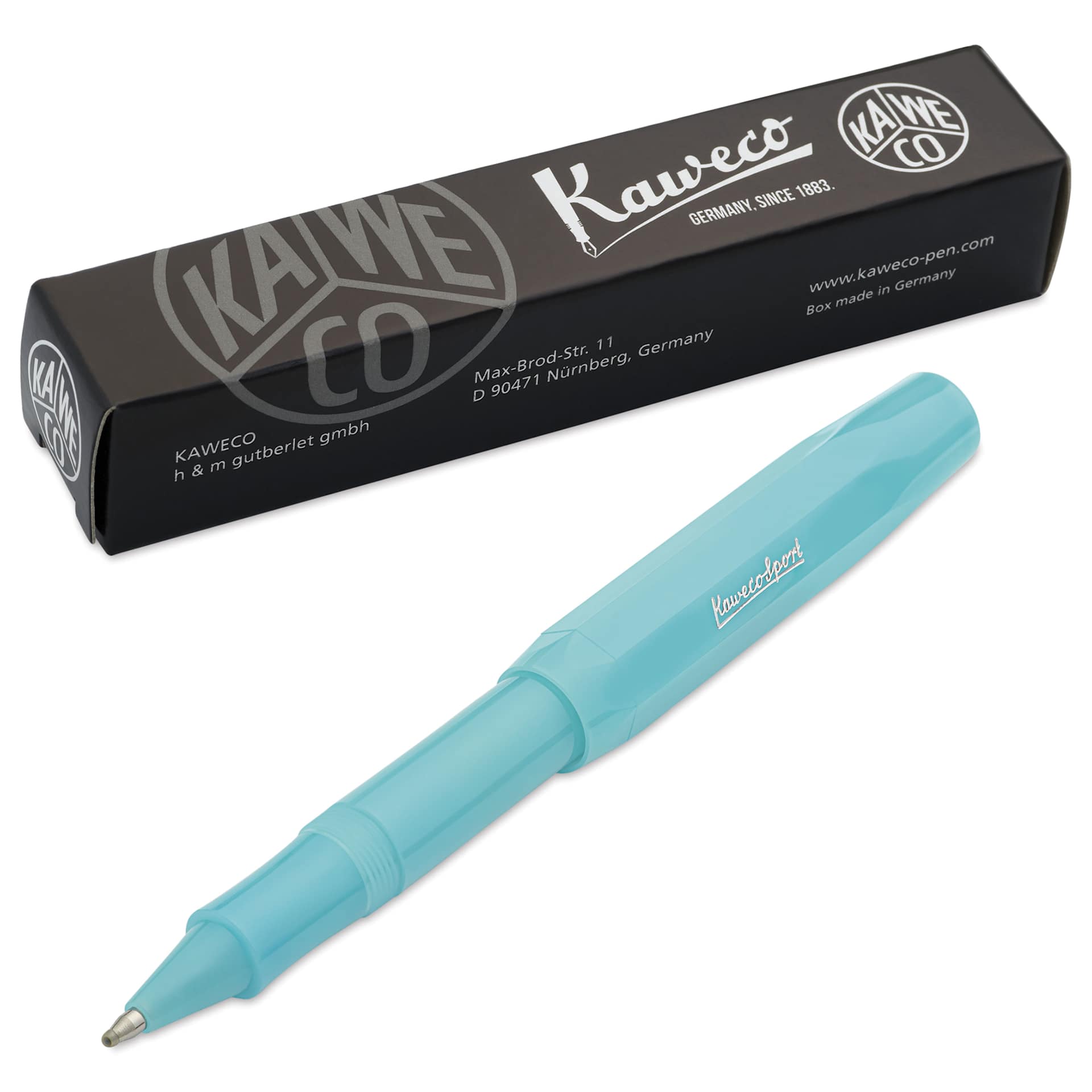Kaweco Frosted Sport Rollall Pen - Light Blueberry, next to the packaging
