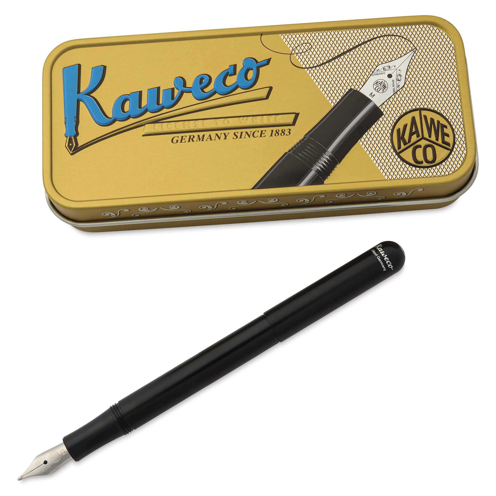 Kaweco Liliput Fountain Pen - Black, Extra-Broad, pen next to the packaging
