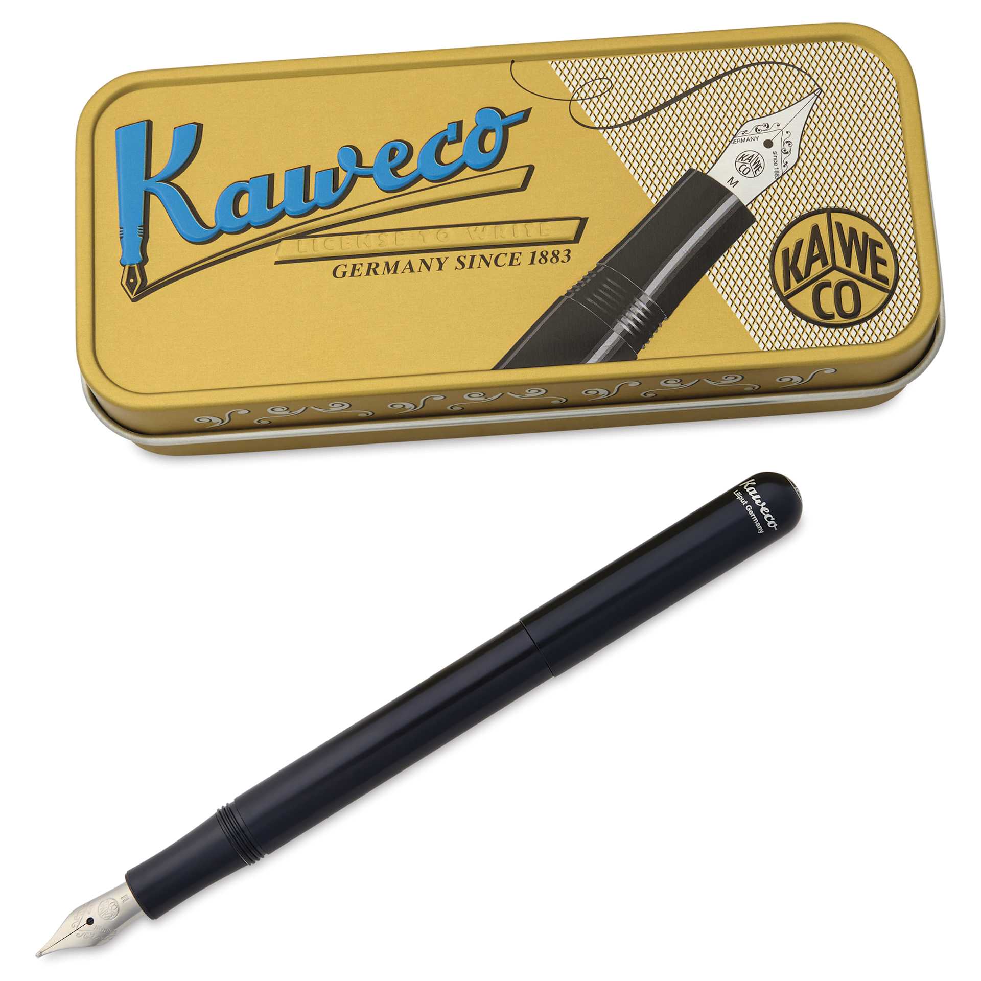 Kaweco Liliput Fountain Pen - Black, Medium, pen next to the packaging