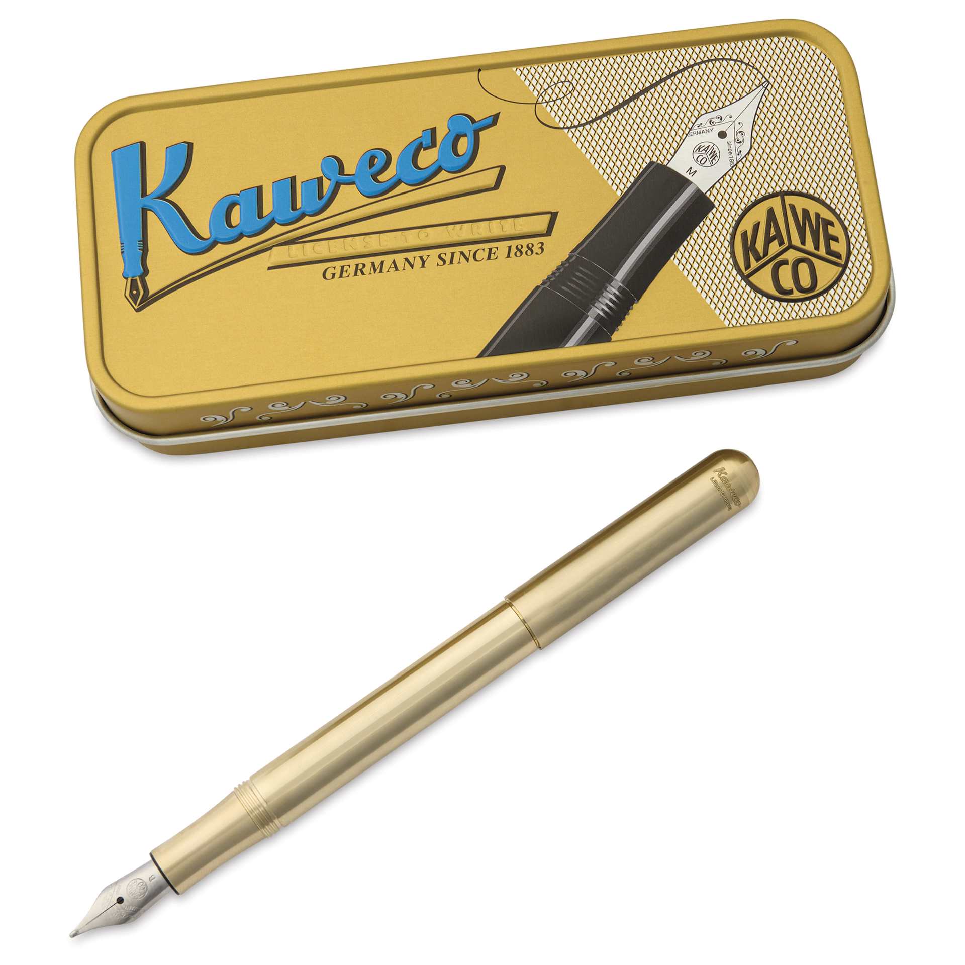 Kaweco Liliput Fountain Pen - Brass, Broad, pen next to the packaging