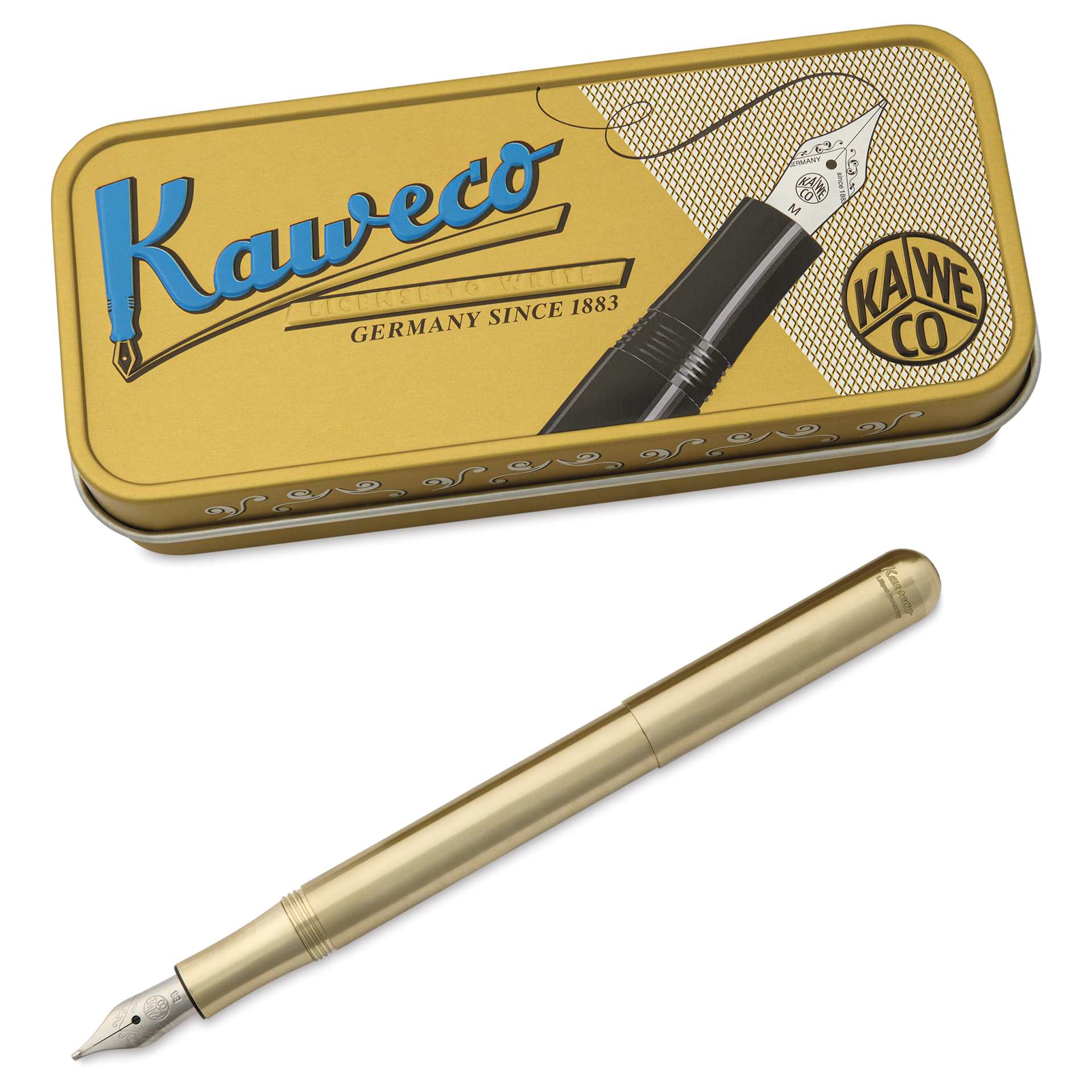 Kaweco Liliput Fountain Pen - Brass, Extra-Broad, pen next to the packaging