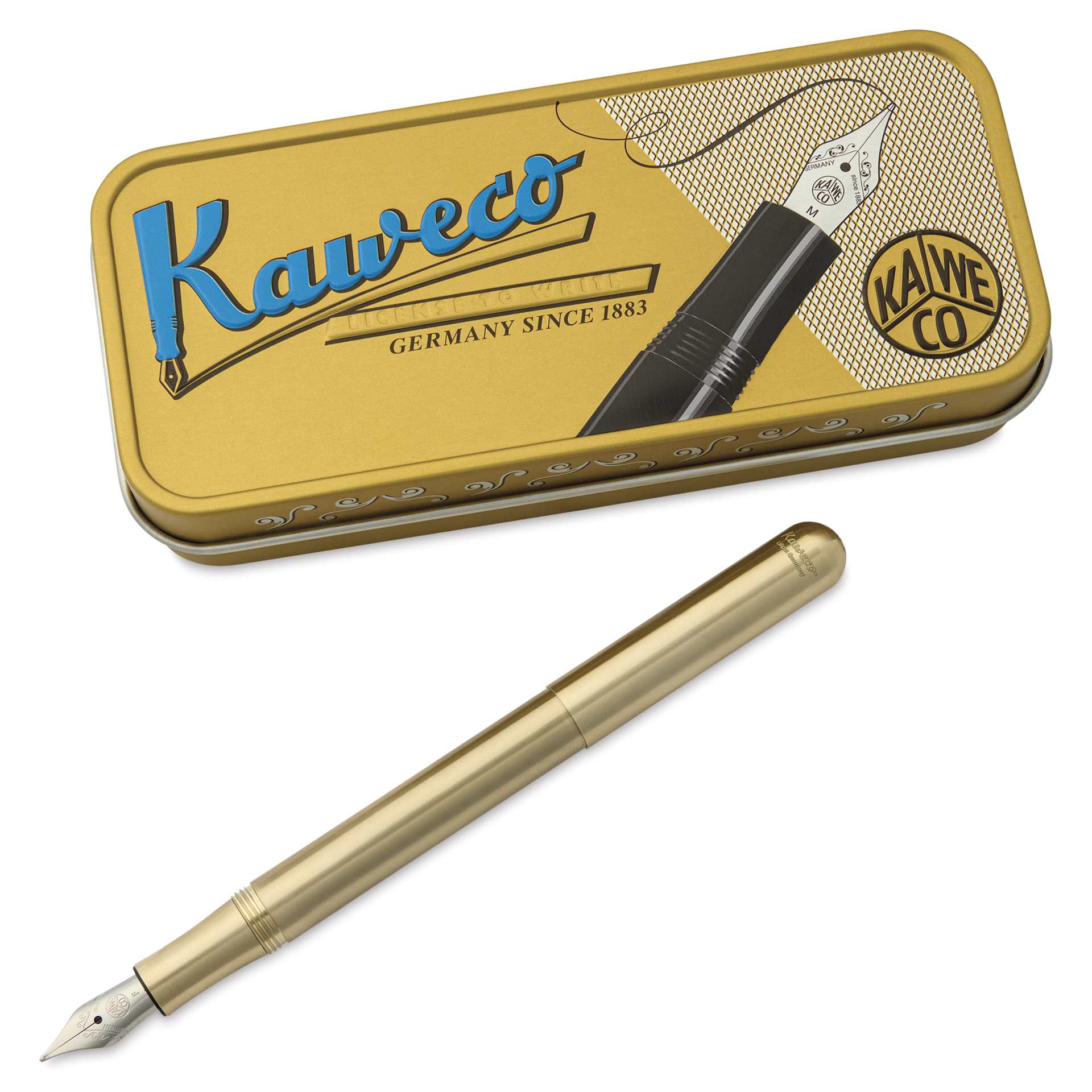 Kaweco Liliput Fountain Pen - Brass, Fine, pen next to the packaging