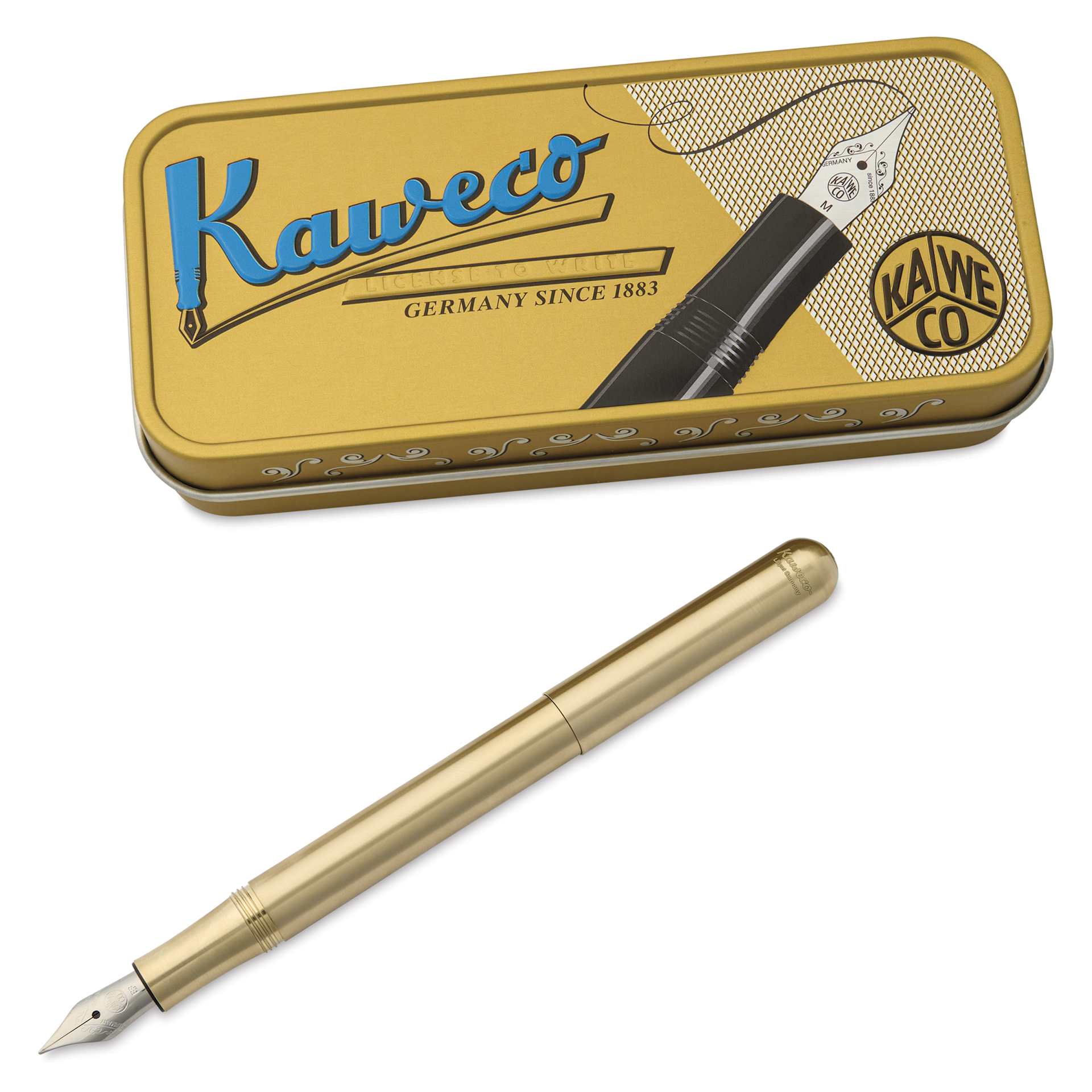 Kaweco Liliput Fountain Pen - Brass, Extra-Fine, pen next to the packaging