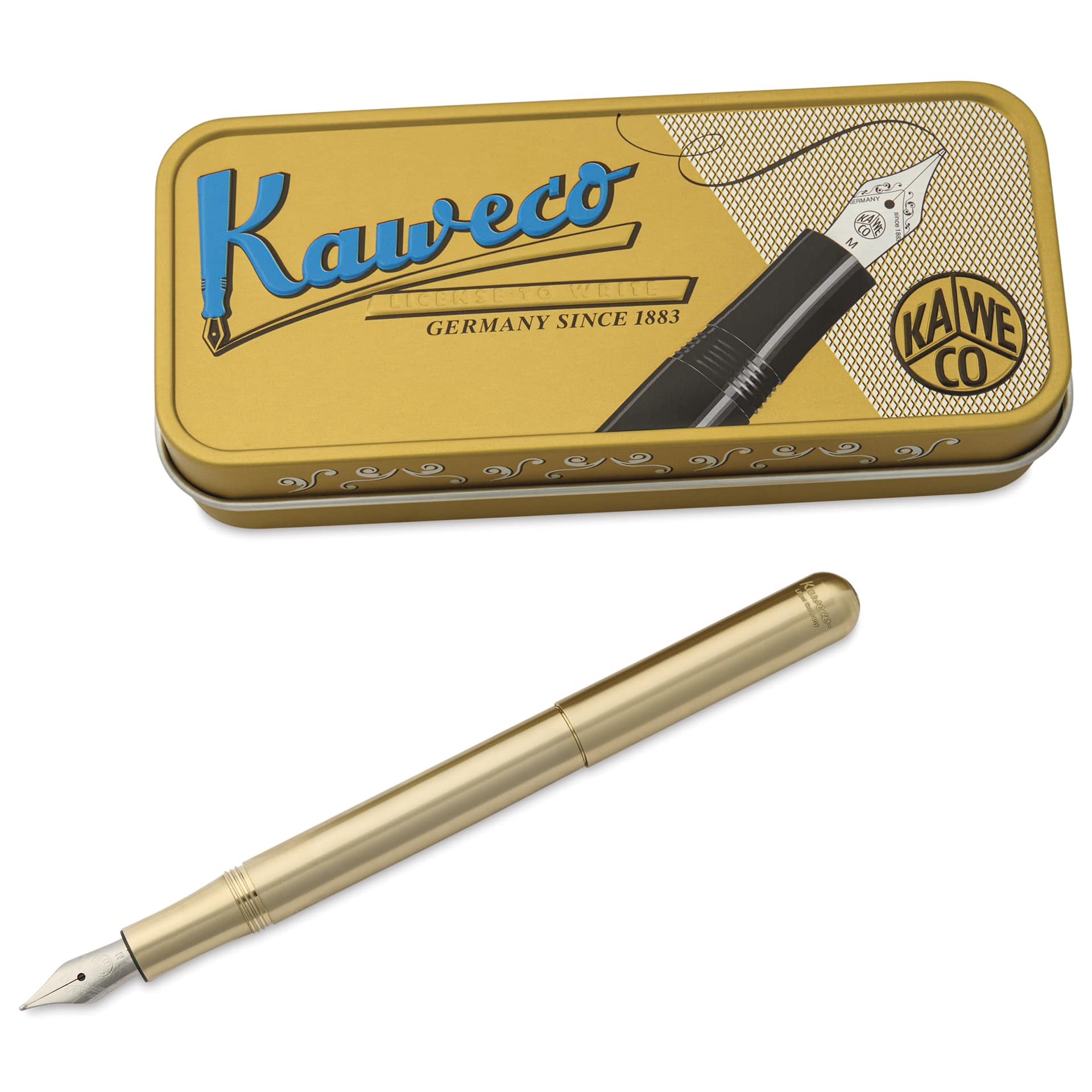 Kaweco Liliput Fountain Pen - Brass, Medium, pen next to the packaging