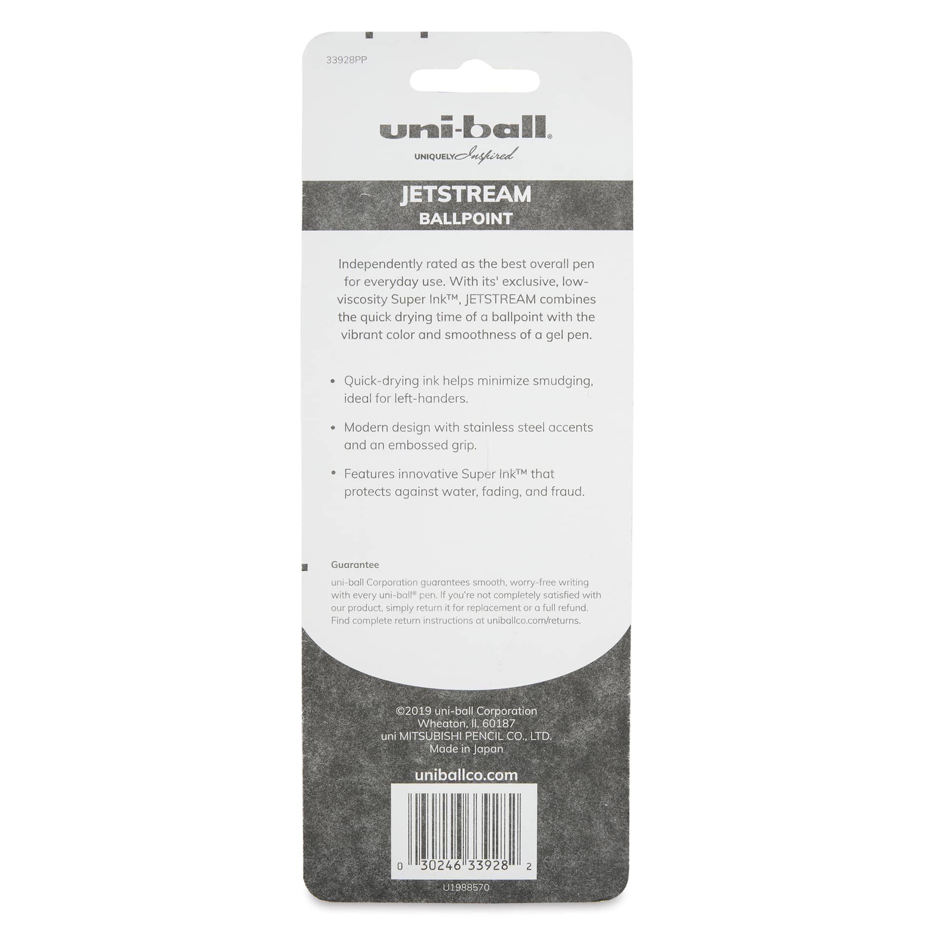 Uni-Ball Jetstream Ballpoint Pens - Black, 1 mm, Pkg of 3, back of the packaging