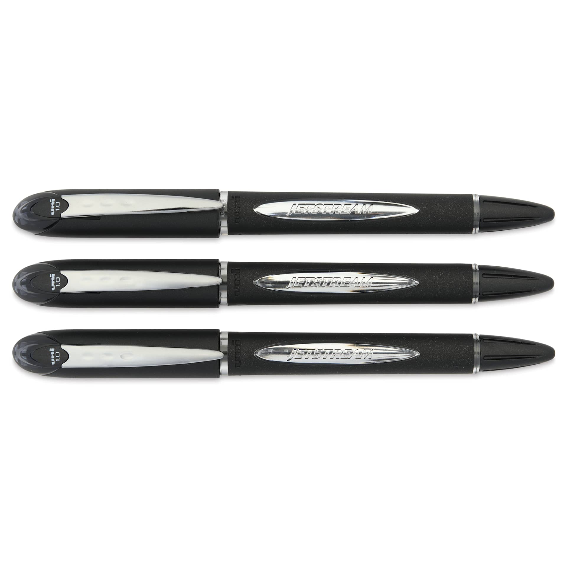 Uni-Ball Jetstream Ballpoint Pens - Black, 1 mm, Pkg of 3, laid out with caps on