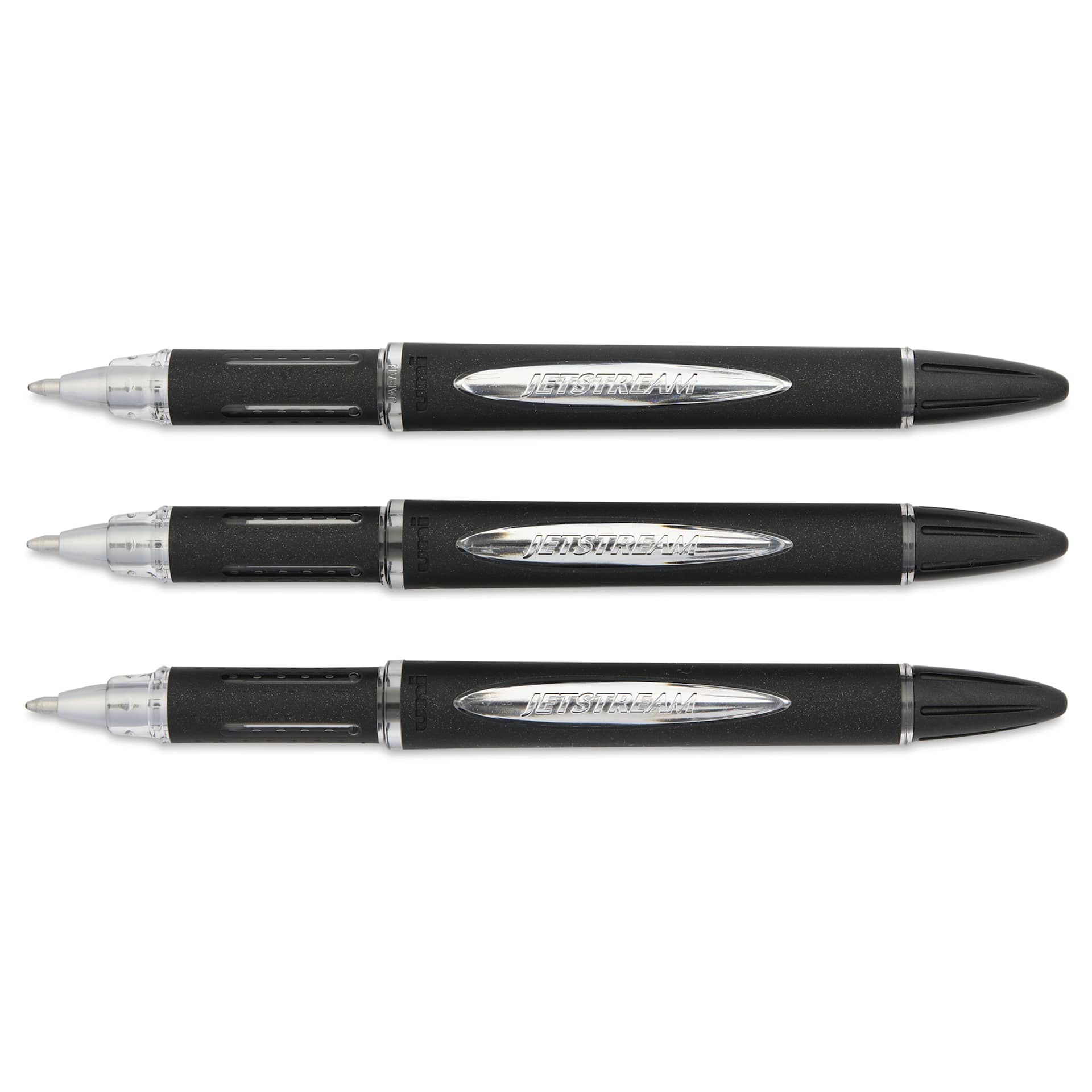 Uni-Ball Jetstream Ballpoint Pens - Black, 1 mm, Pkg of 3, with caps off