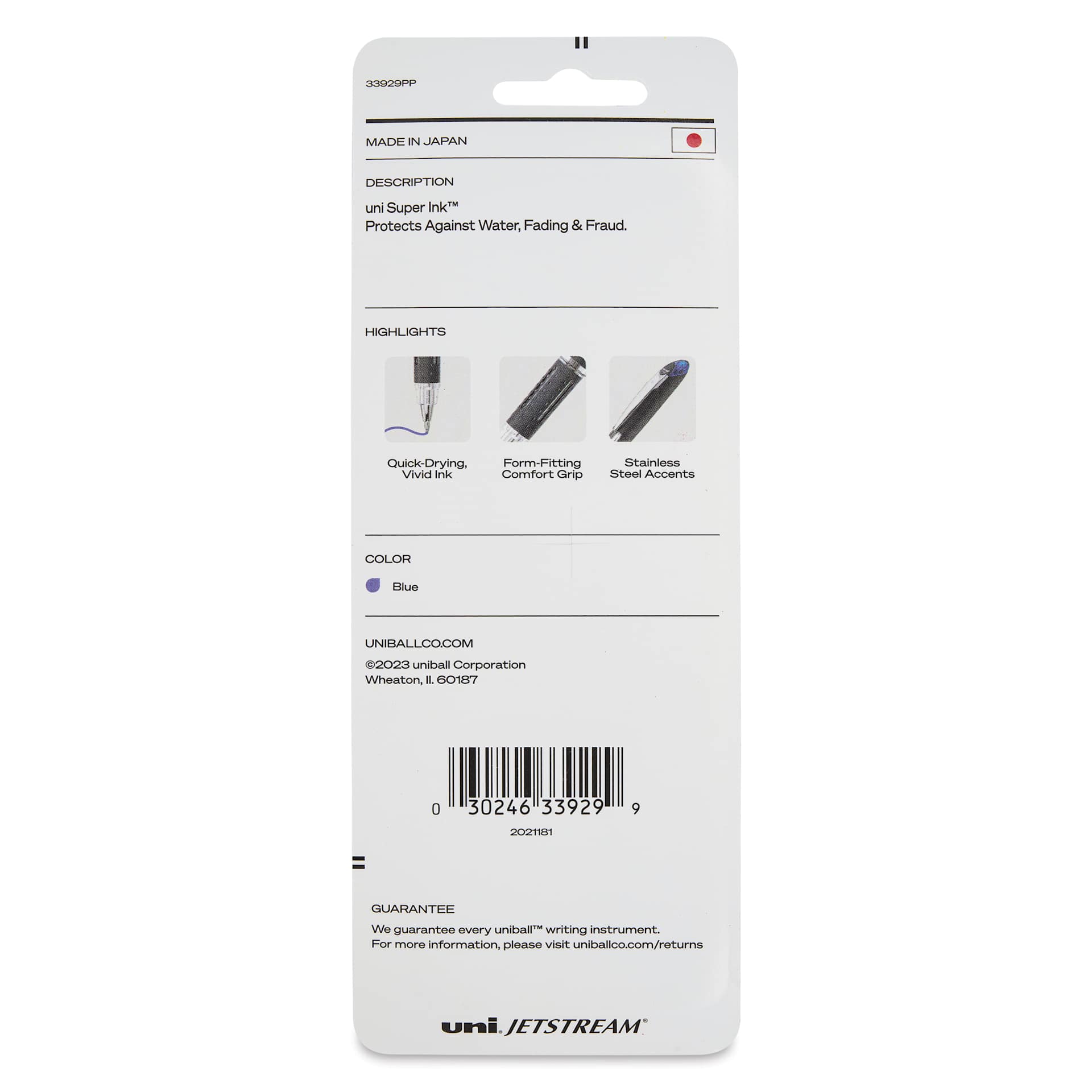 Uni-Ball Jetstream Ballpoint Pens - Blue, 1 mm, Pkg of 3, back of the packaging