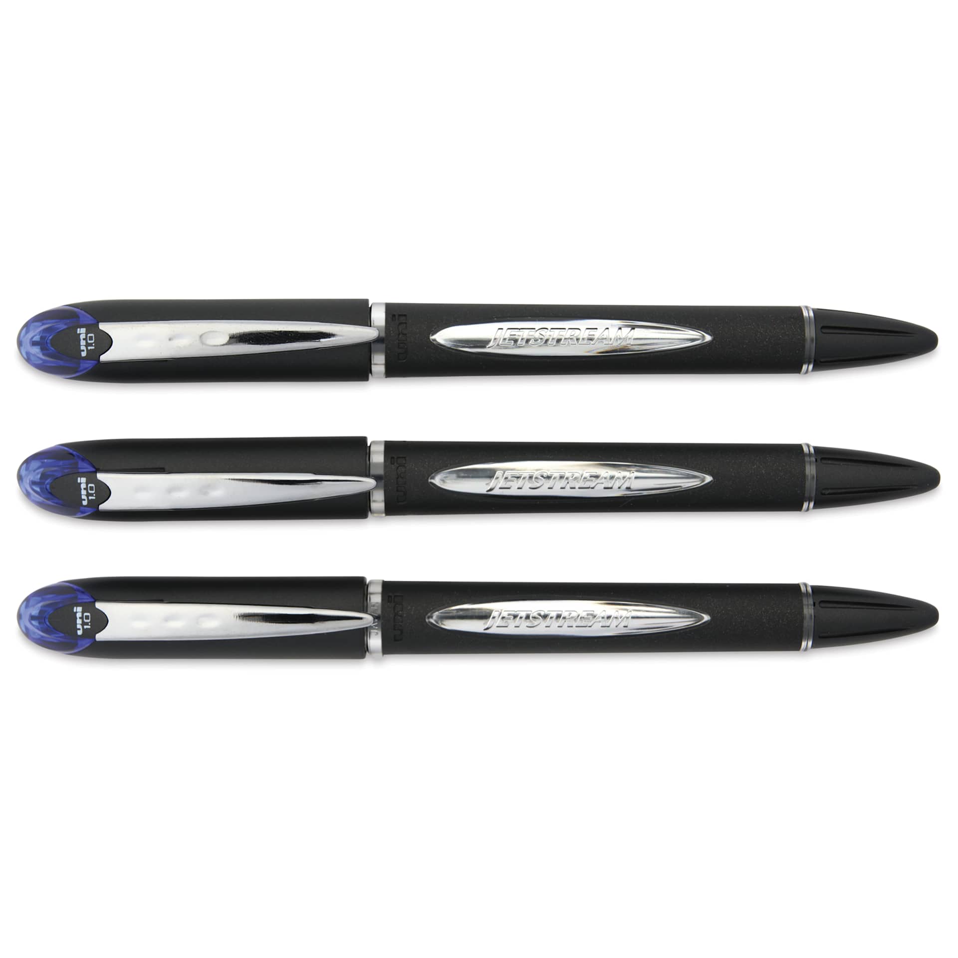 Uni-Ball Jetstream Ballpoint Pens - Blue, 1 mm, Pkg of 3, laid out with caps on