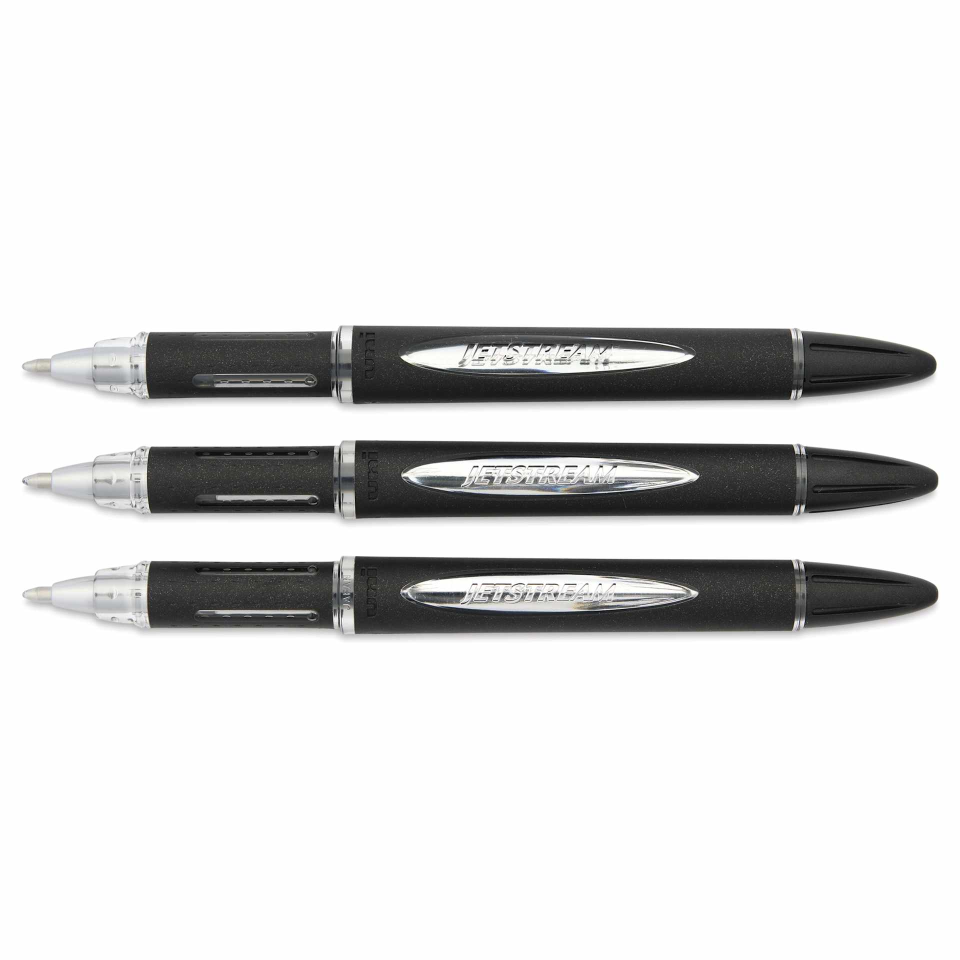 Uni-Ball Jetstream Ballpoint Pens - Blue, 1 mm, Pkg of 3, laid out with caps off