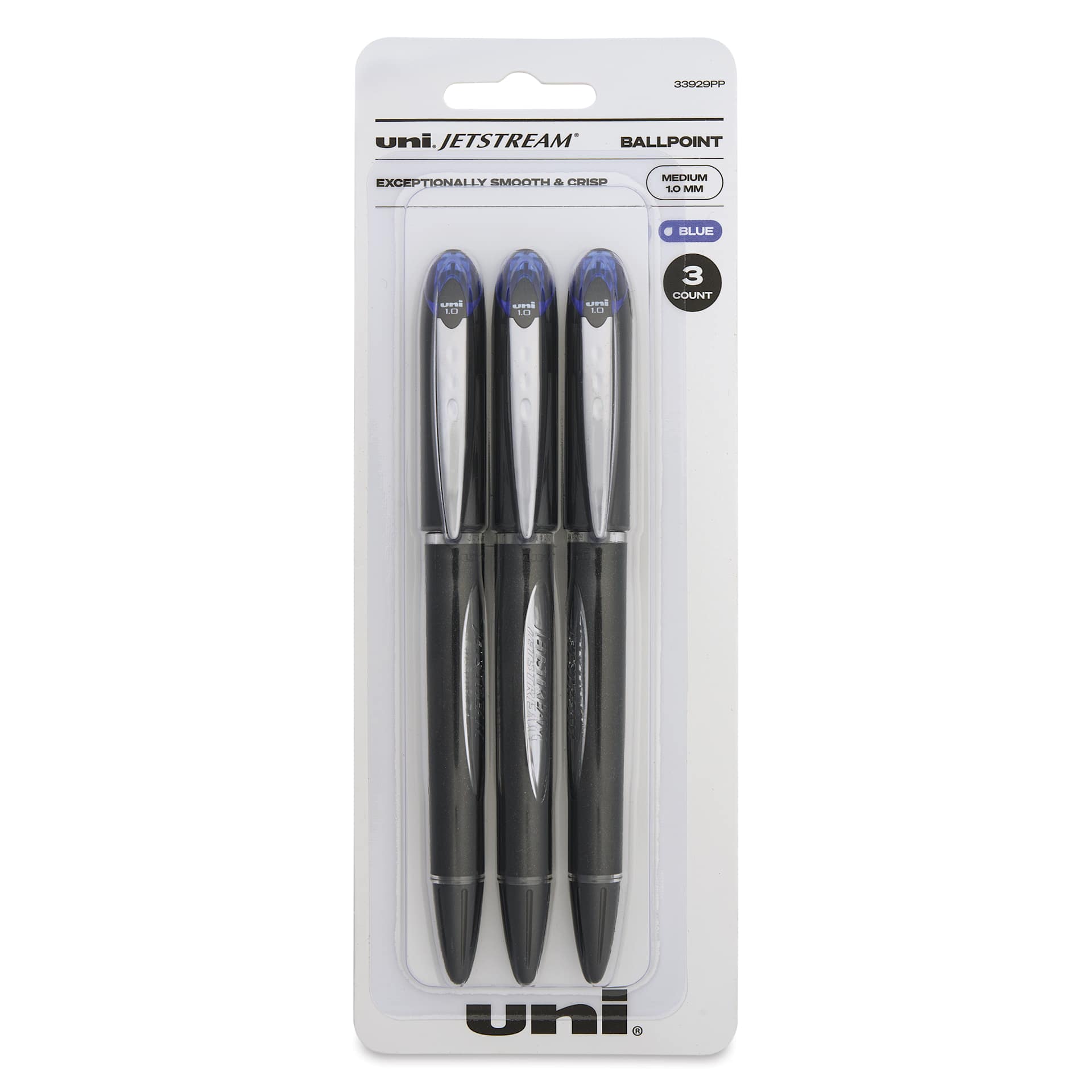 Uni-Ball Jetstream Ballpoint Pens - Blue, 1 mm, Pkg of 3, front of the packaging
