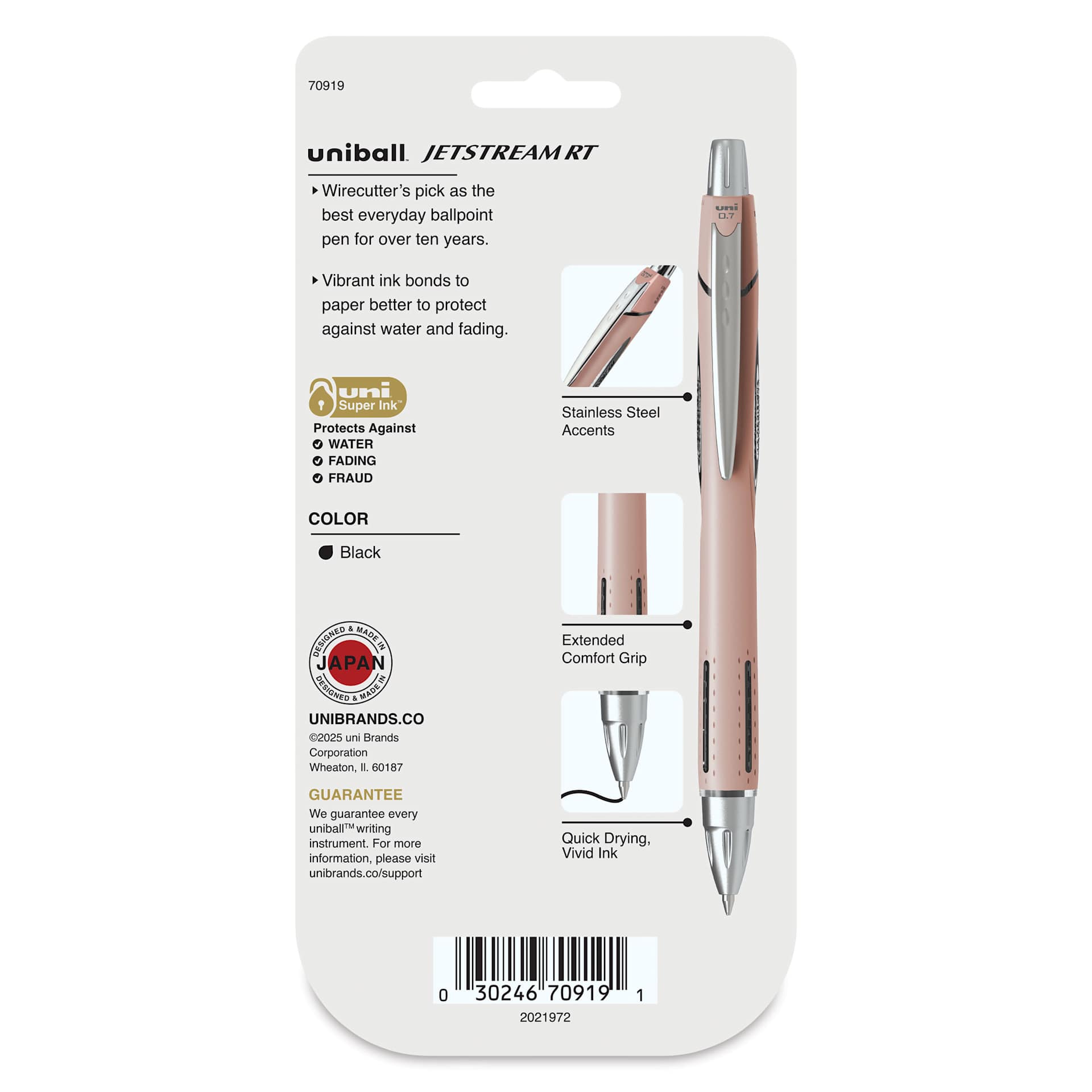 Uni-Ball Jetstream RT Retractable Ballpoint Pens - Soft Colors, 0.7 mm, Set of 4, back of packaging