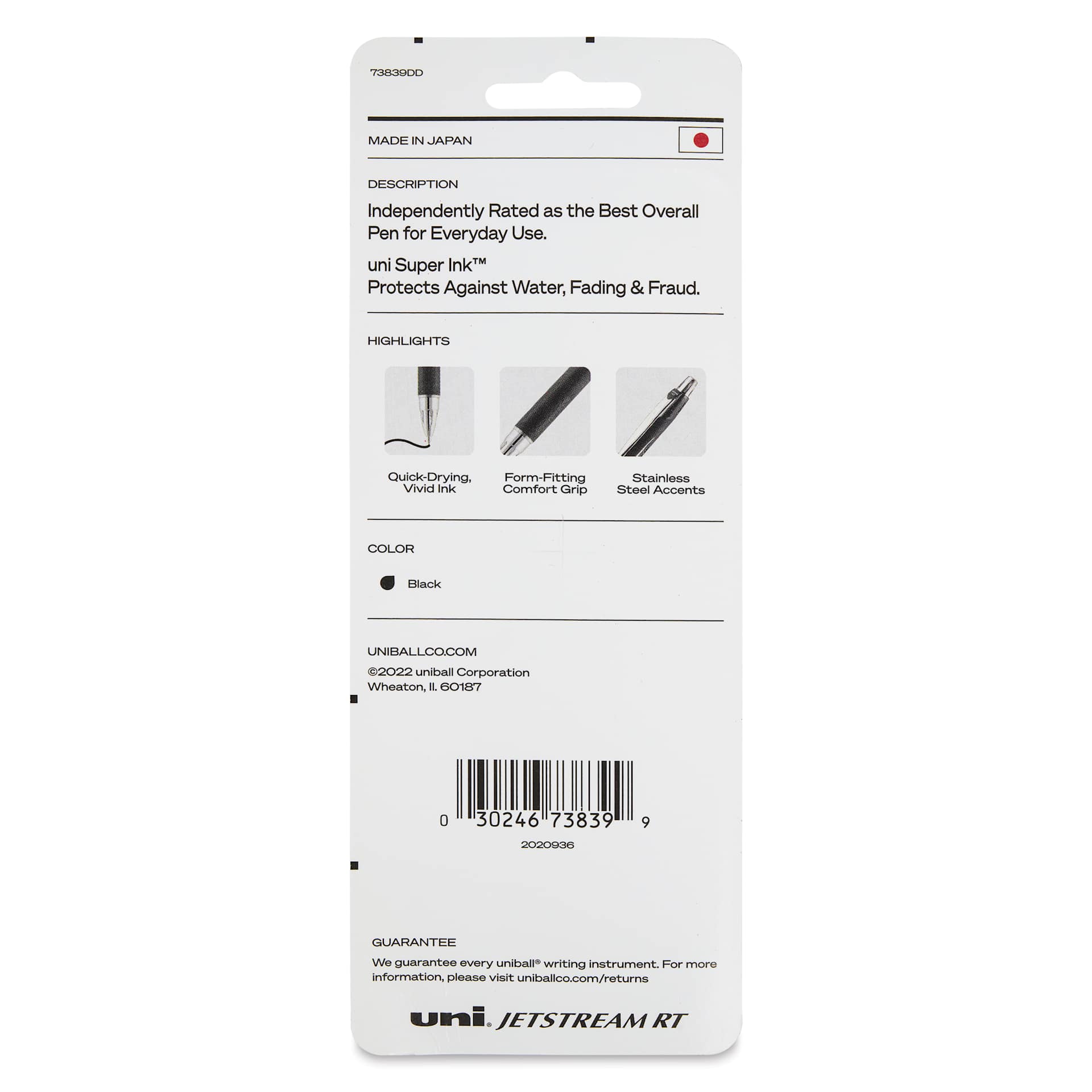 Uni-Ball Jetstream RT Retractable Ballpoint Pens - Black, 1.0 mm, Set of 3, back of packaging