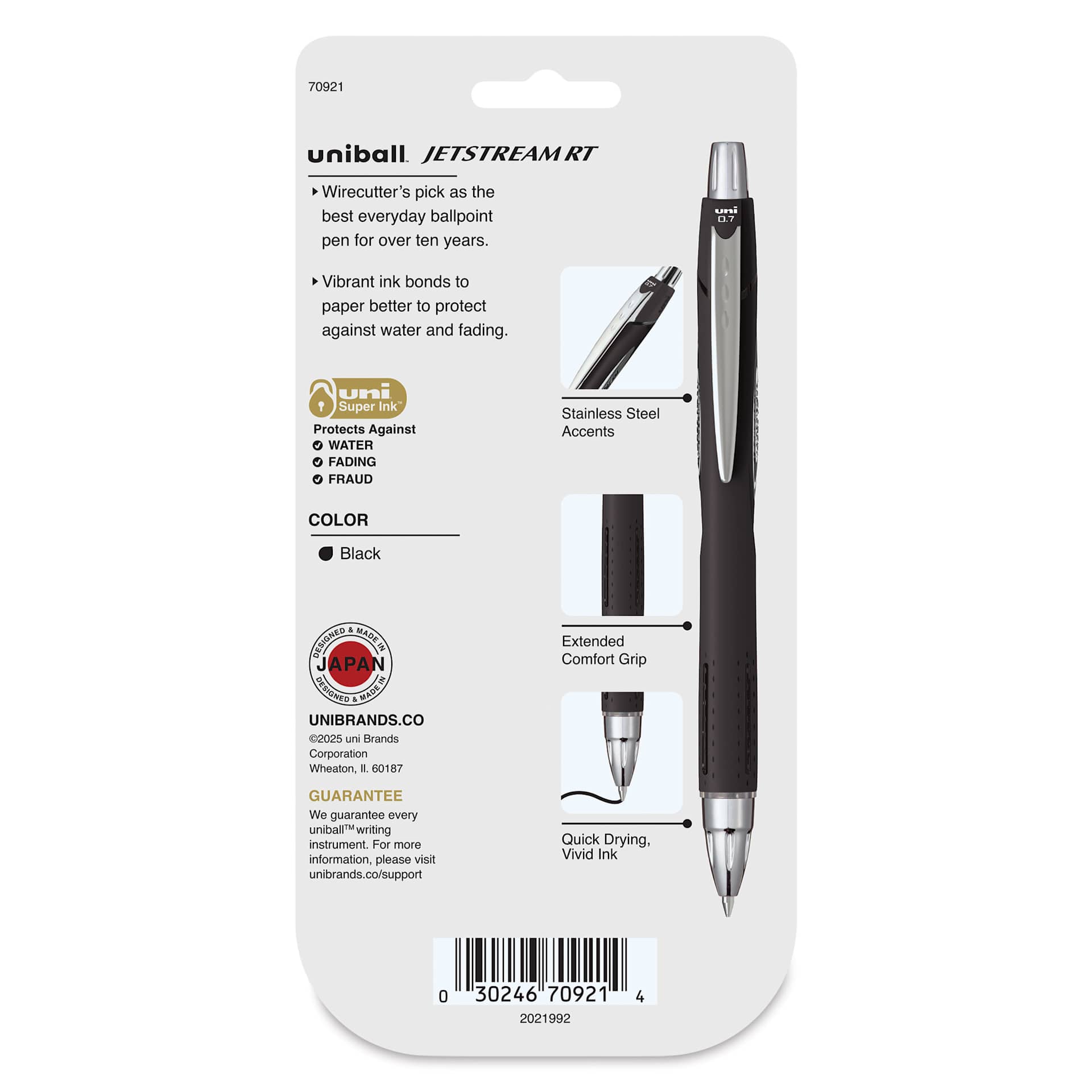 Uni-Ball Jetstream RT Retractable Ballpoint Pens - Grays, 0.7 mm, Set of 4, back of packaging