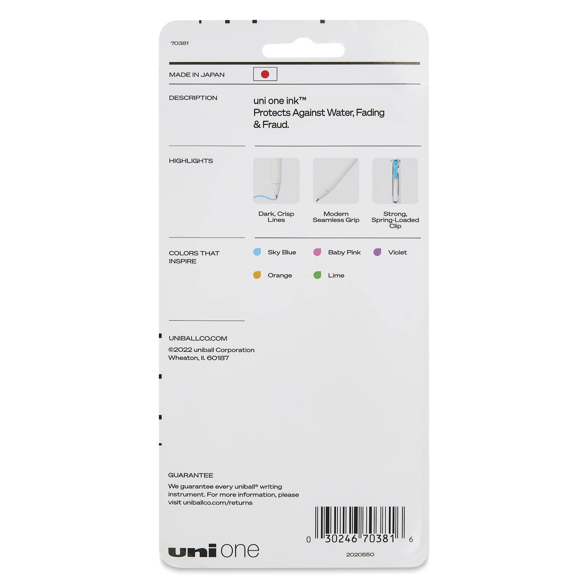 Uni-Ball One Retractable Gel Pens - Assorted Colors, Pkg of 5, back of the packaging