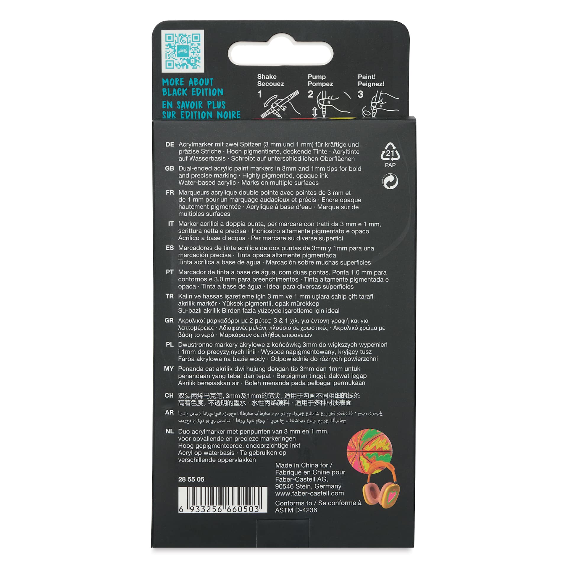 Faber-Castell Black Edition Twin Acrylic Marker - Neon Colors, Set of 4, back of pack