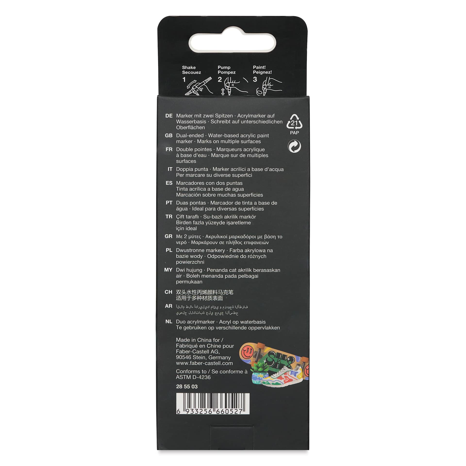 Faber-Castell Black Edition Twin Acrylic Marker - Black and White, Set of 2, back of pack