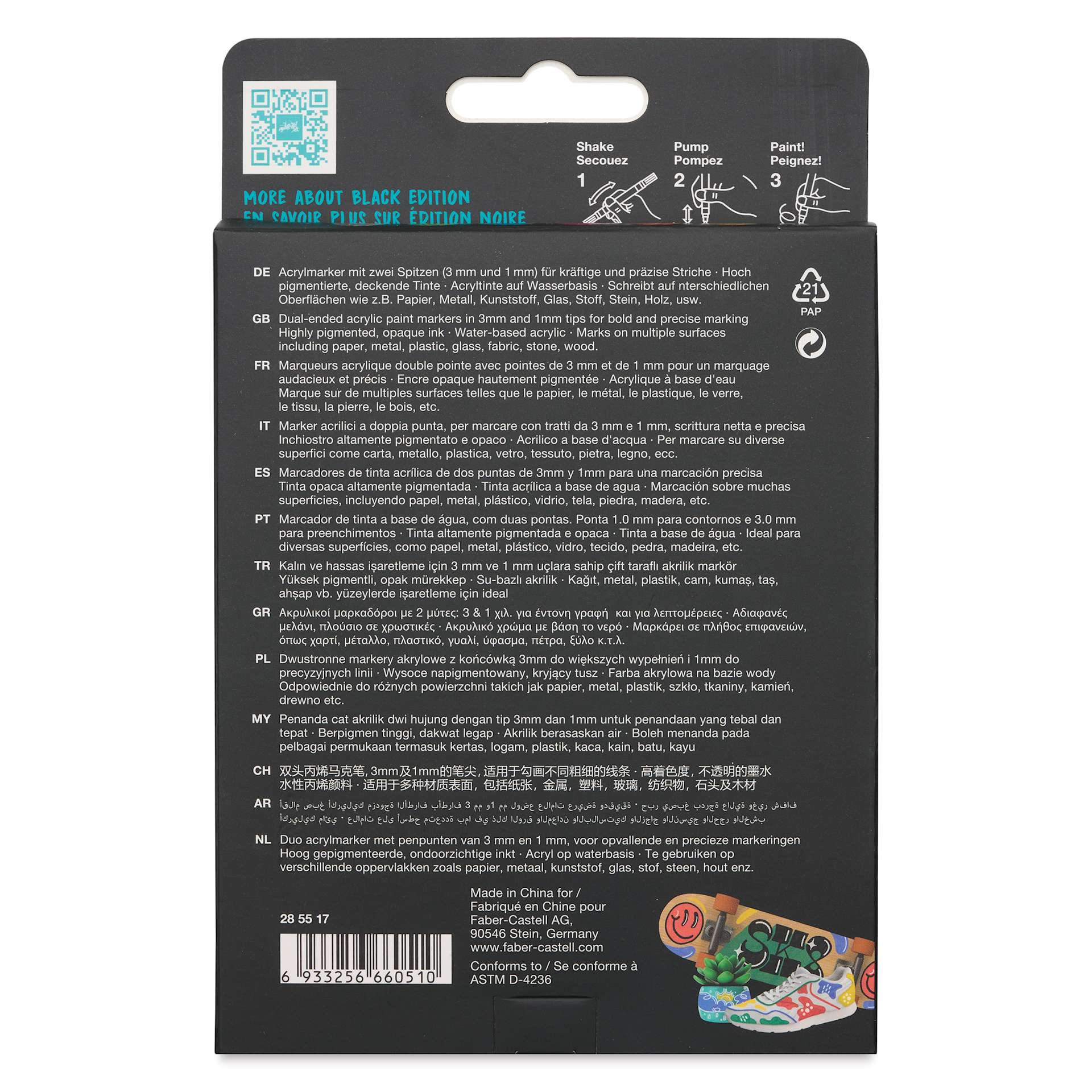 Faber-Castell Black Edition Twin Acrylic Marker - Metallic Colors, Set of 6, back of pack