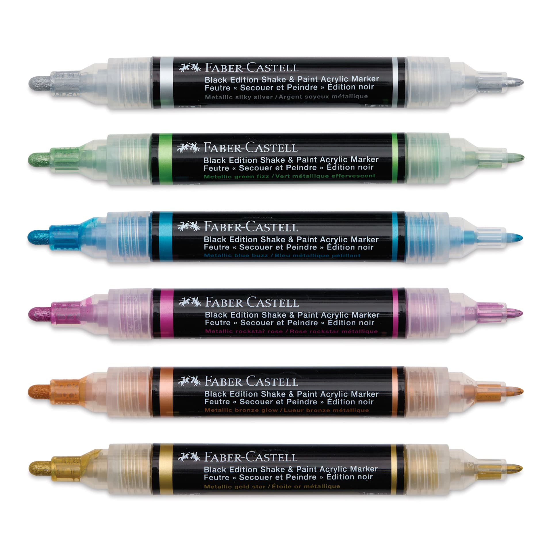 Faber-Castell Black Edition Twin Acrylic Marker - Metallic Colors, Set of 6, cap off