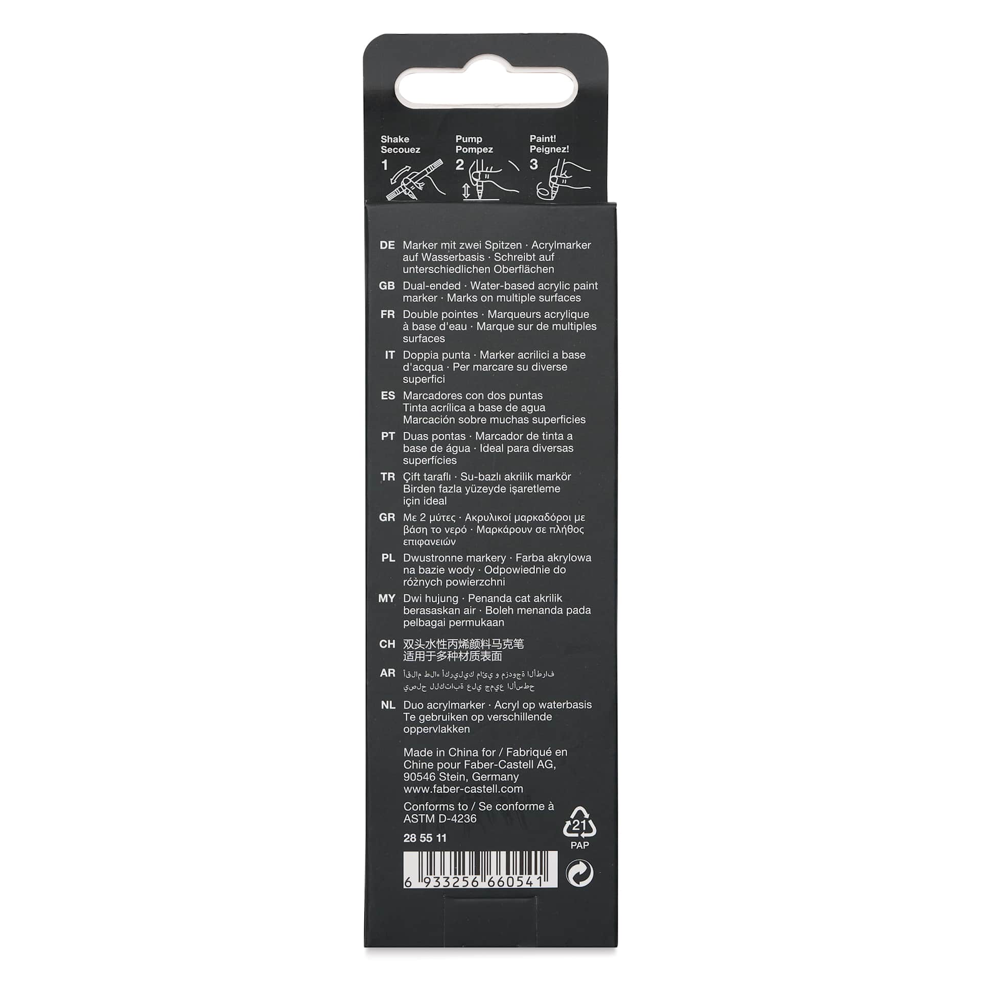 Faber-Castell Black Edition Twin Acrylic Marker - White, back of the packaging