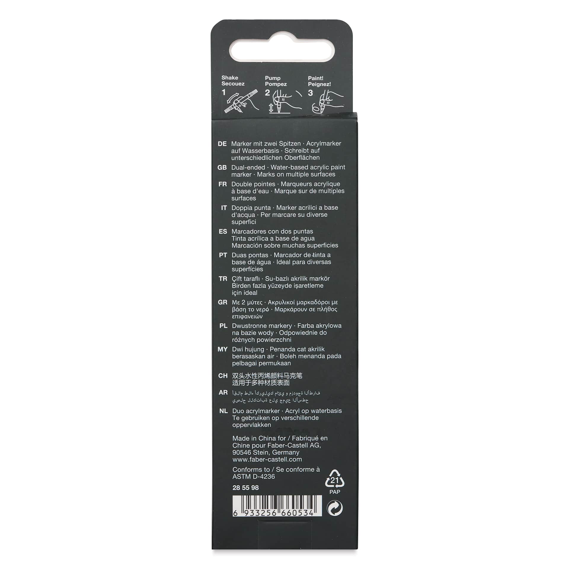 Faber-Castell Black Edition Twin Acrylic Marker - Black, back of the packaging