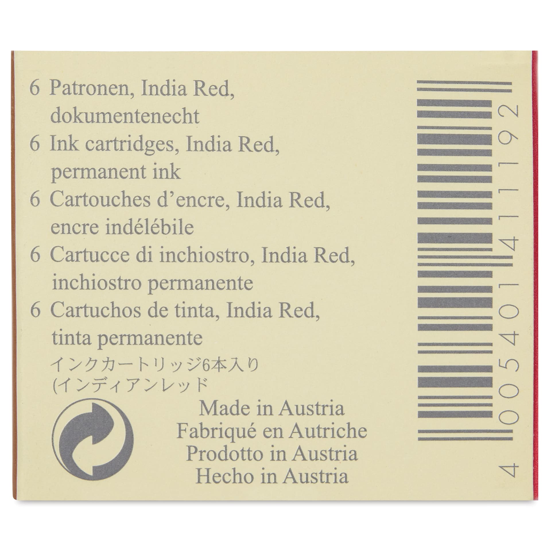 Graf von Faber-Castell Fountain Pen Cartridges - India Red, Pkg of 6 - back of packaging