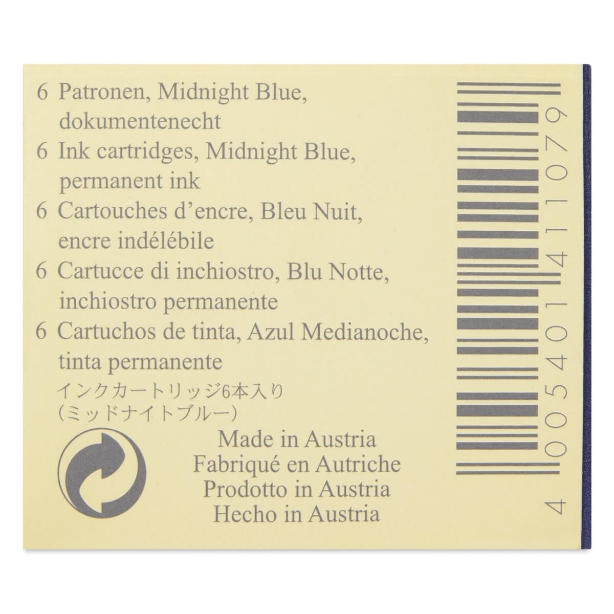 Graf von Faber-Castell Fountain Pen Cartridges - Midnight Blue, Pkg of 6 - back of packaging