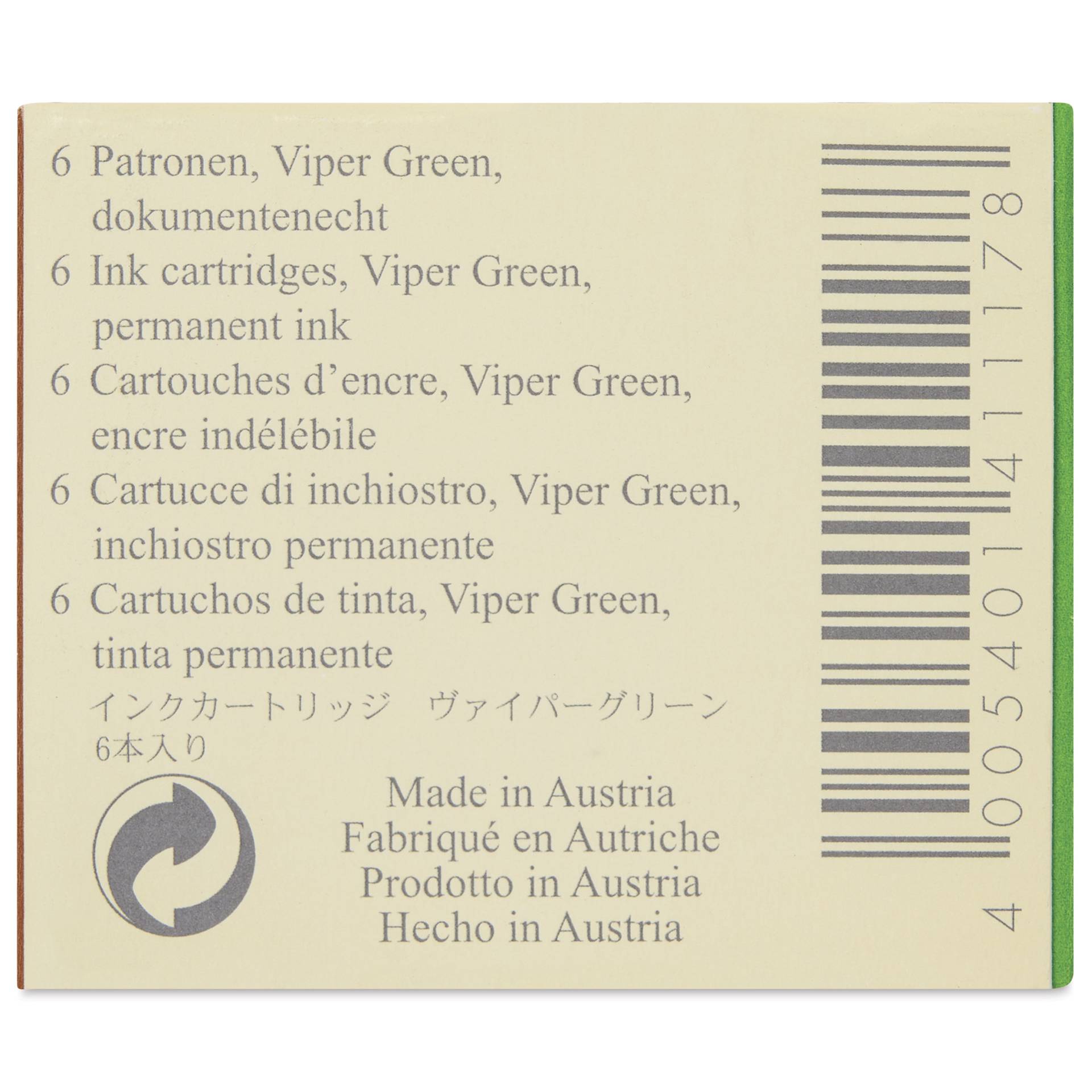 Graf von Faber-Castell Fountain Pen Cartridges - Viper Green, Pkg of 6 - back of packaging