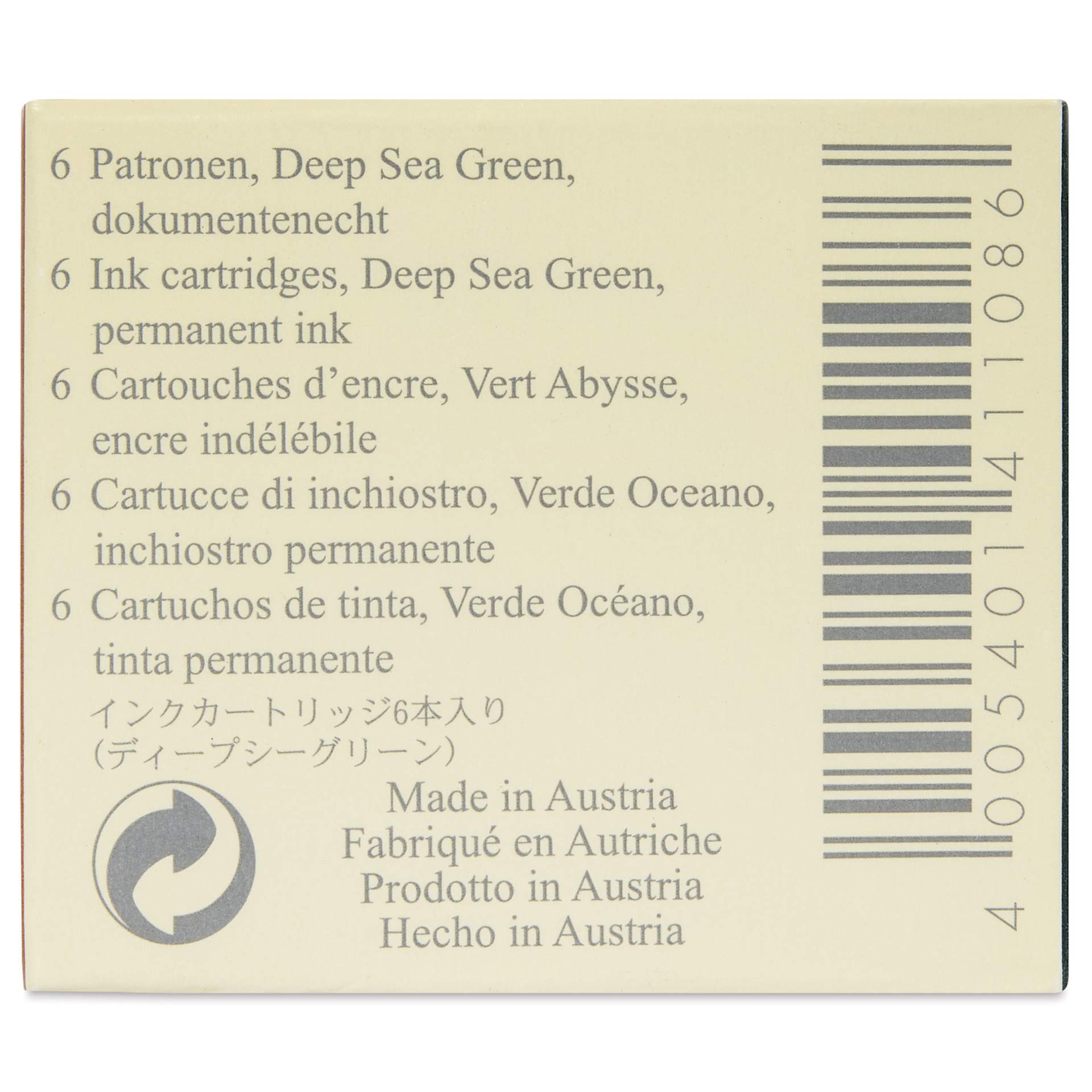 Graf von Faber-Castell Fountain Pen Cartridges - Deep Sea Green, Pkg of 6 - back of packaging
