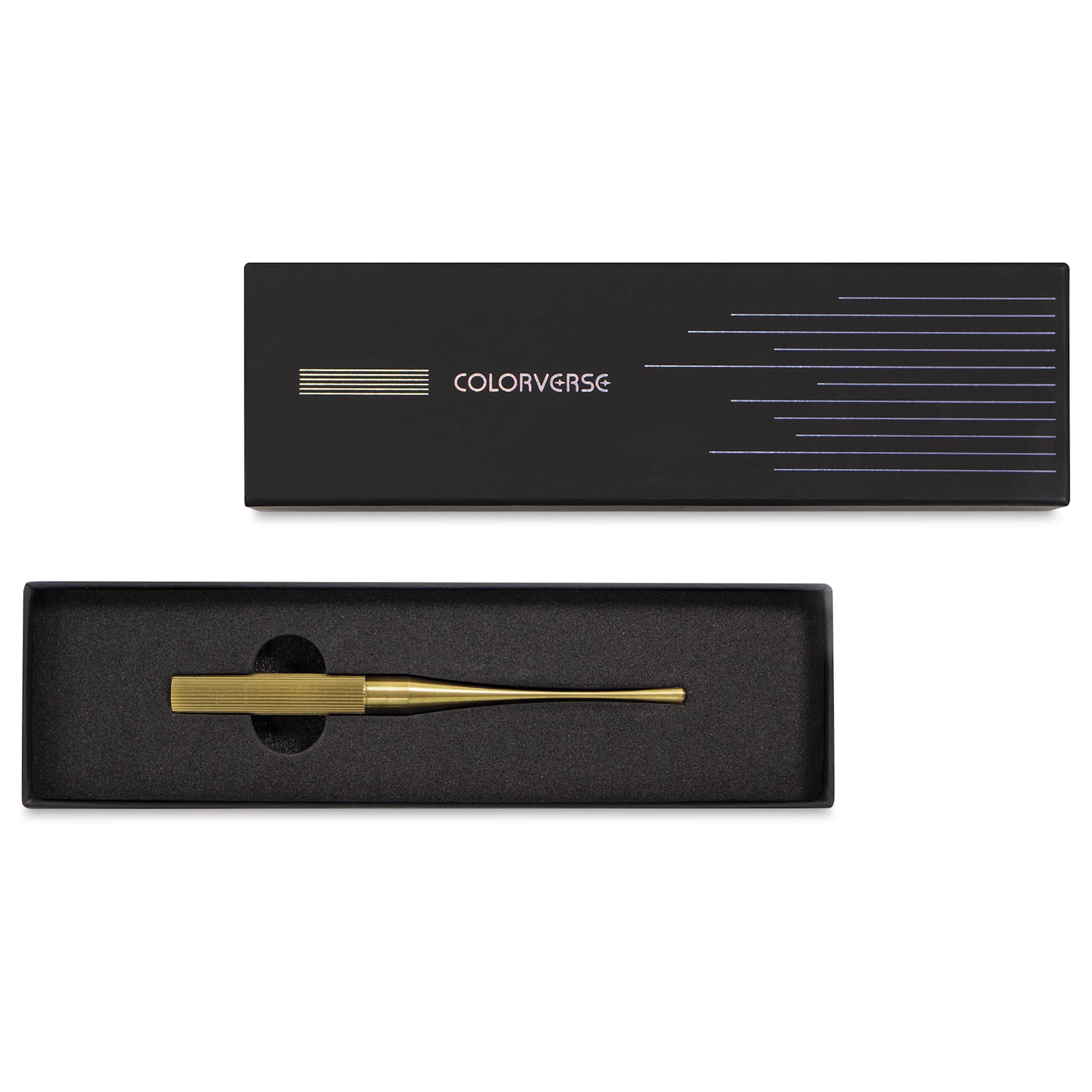 Colorverse Shuttle Nib Holder - Brass, 4-3/4", Short, shown inside of the packaging