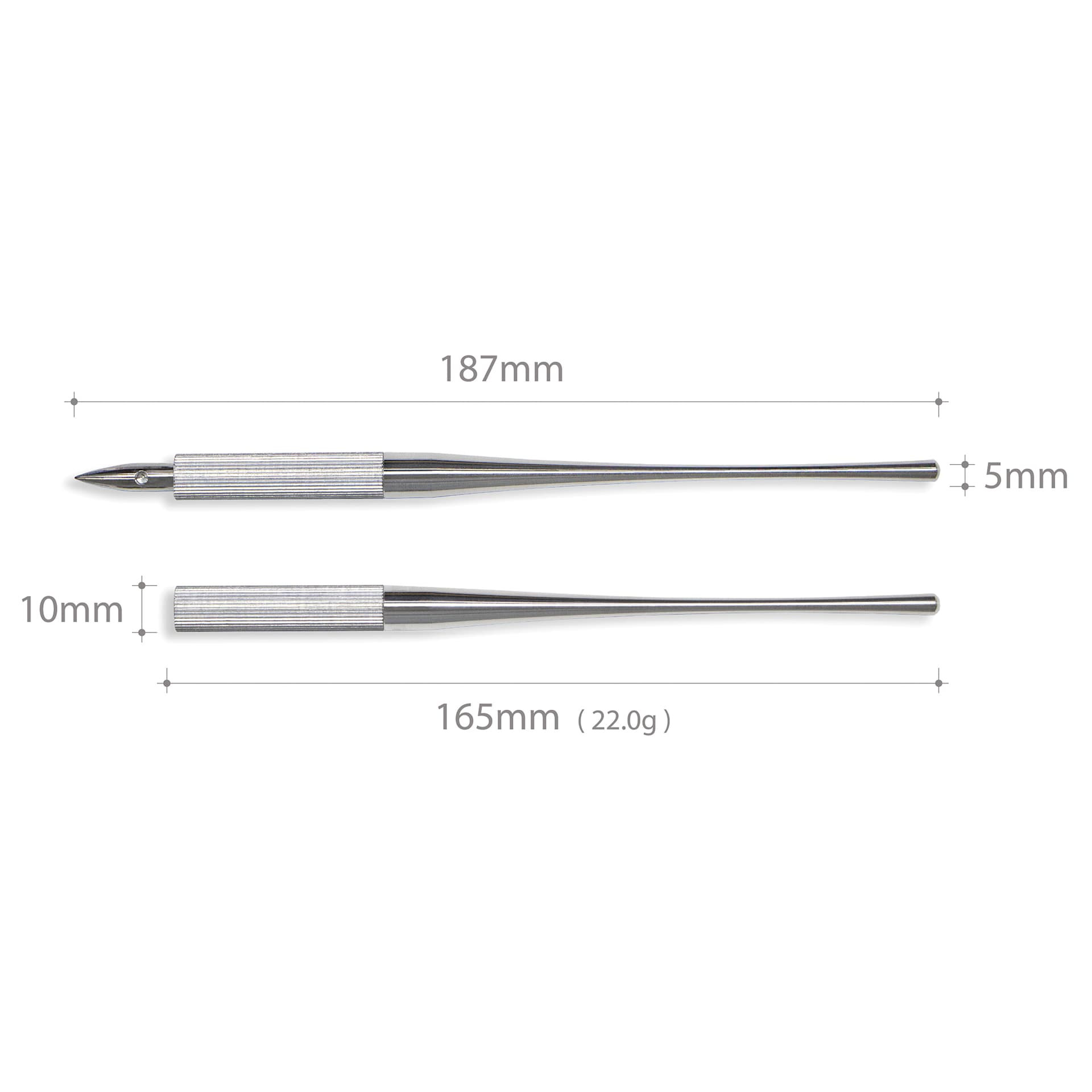 Colorverse Shuttle Nib Holder, dimensions of the long Aluminum holder with and without a nib (not included)