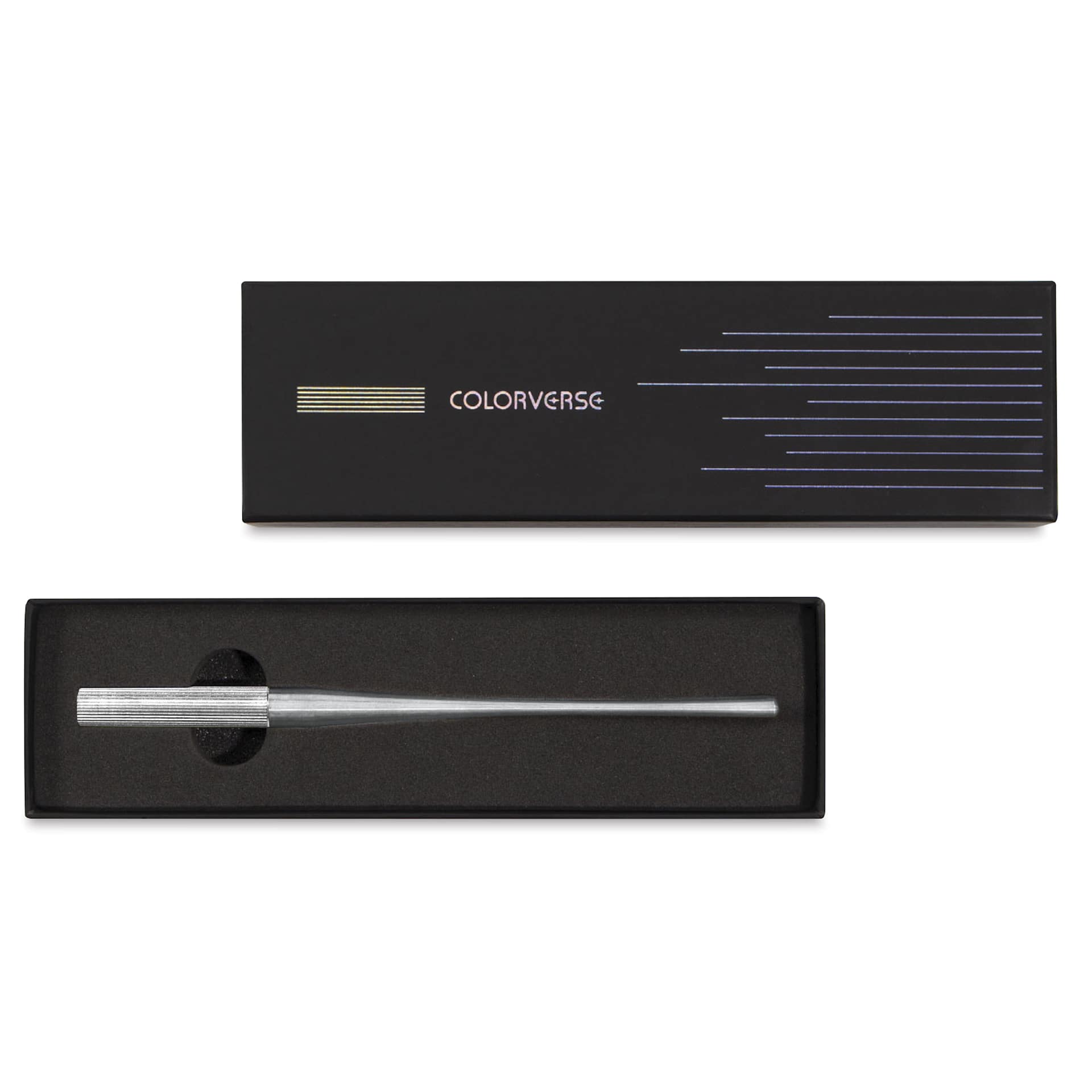 Colorverse Shuttle Nib Holder - Aluminum, Long, shown inside of the packaging