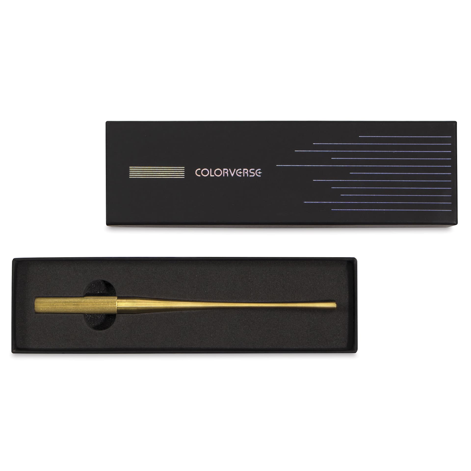 Colorverse Shuttle Nib Holder - Brass, Long, shown insider of the packaging