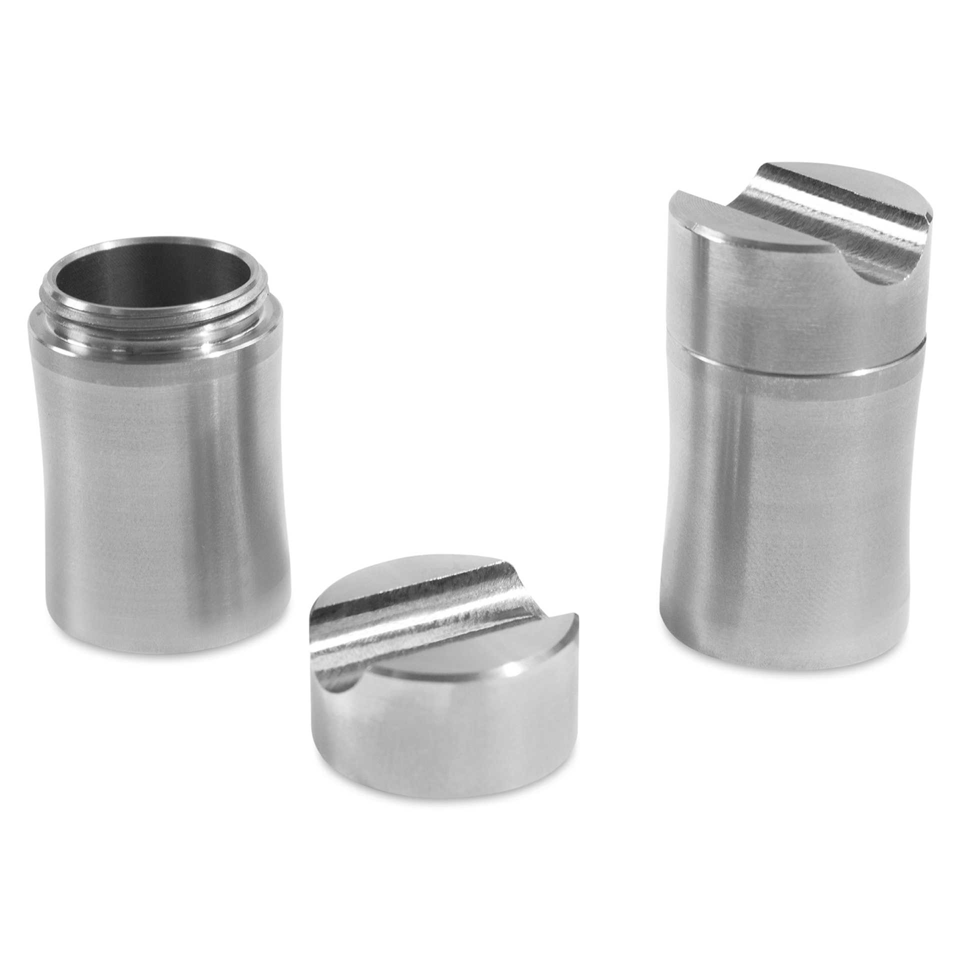 Colorverse Shuttle Stainless Steel Ink Barrel, lid off showing inkwell and lid one showing pen rest