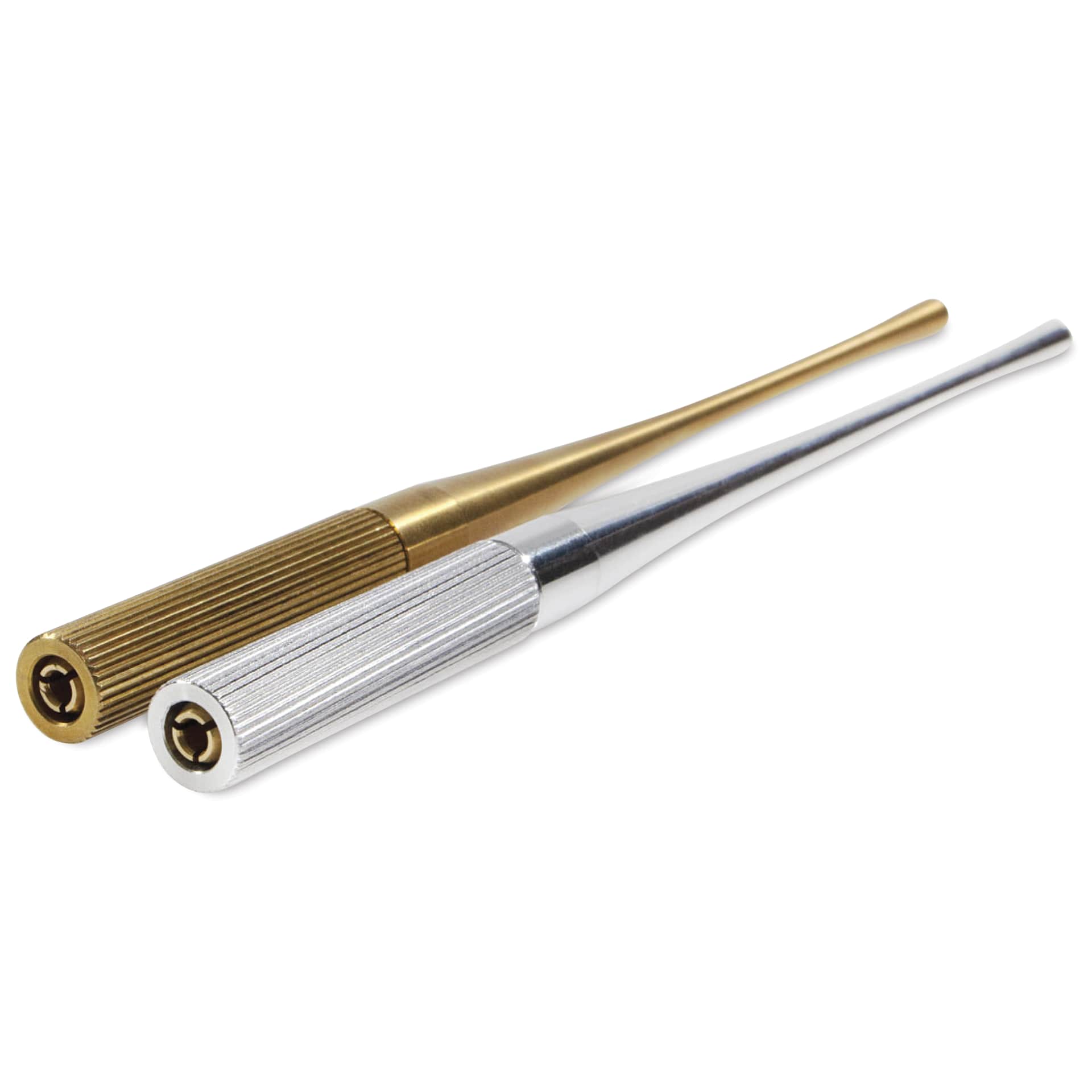 Colorverse Shuttle Nib Holders, Brass and Aluminum holders laid flat showing the nib opening