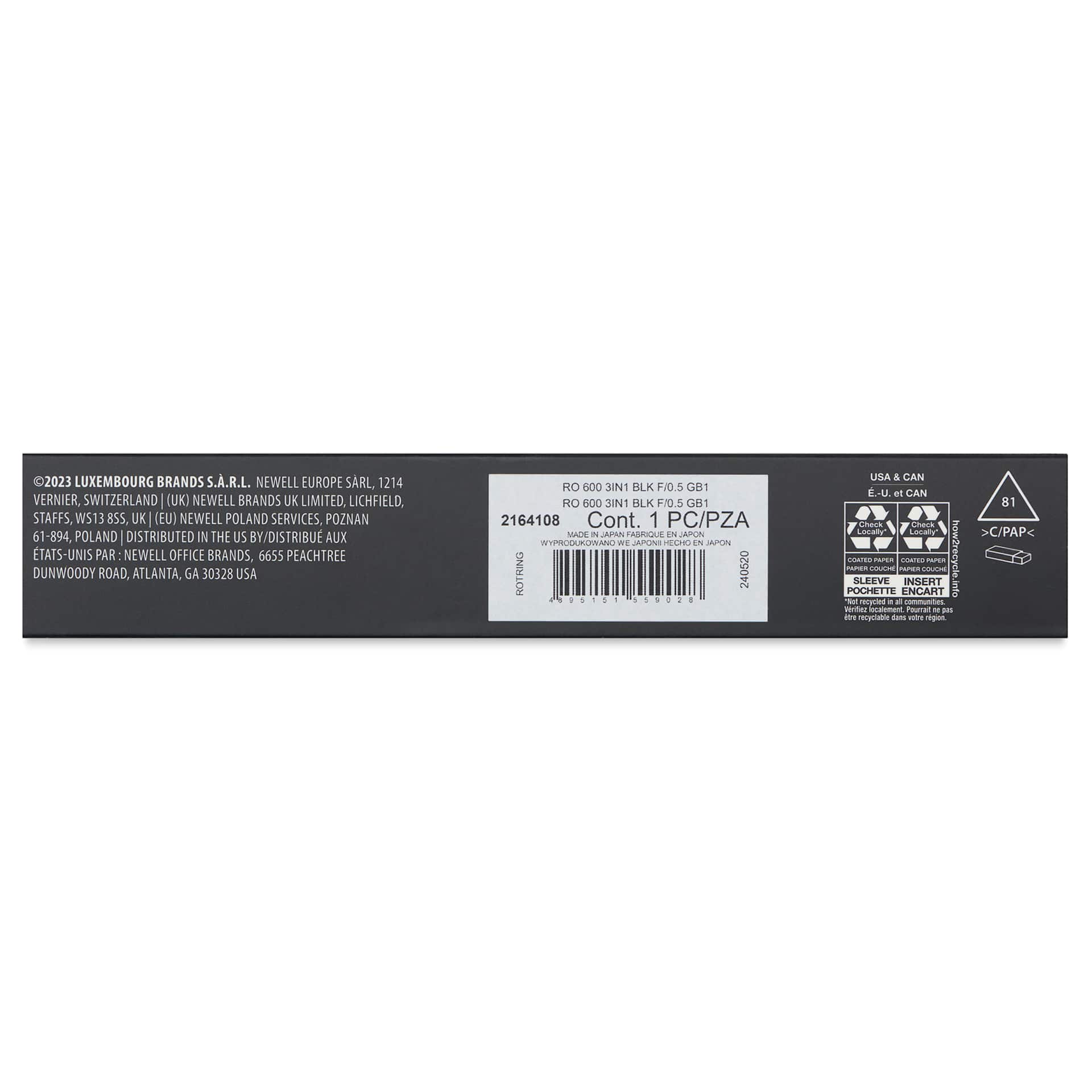 Rotring 600 3-in-1 Multicolor Ballpoint Pen and Mechanical Pencil - Black, back of the packaging