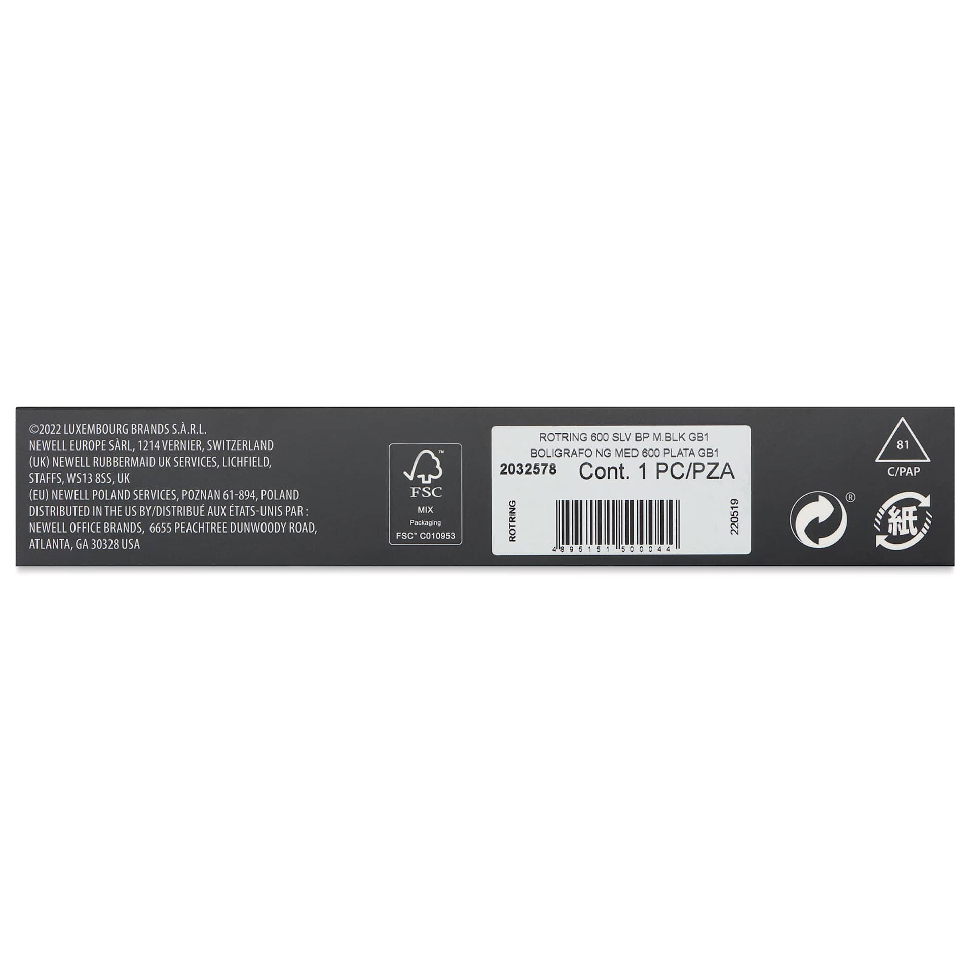 Rotring 600 Ballpoint Pen - Silver, Medium Tip, back of the packaging